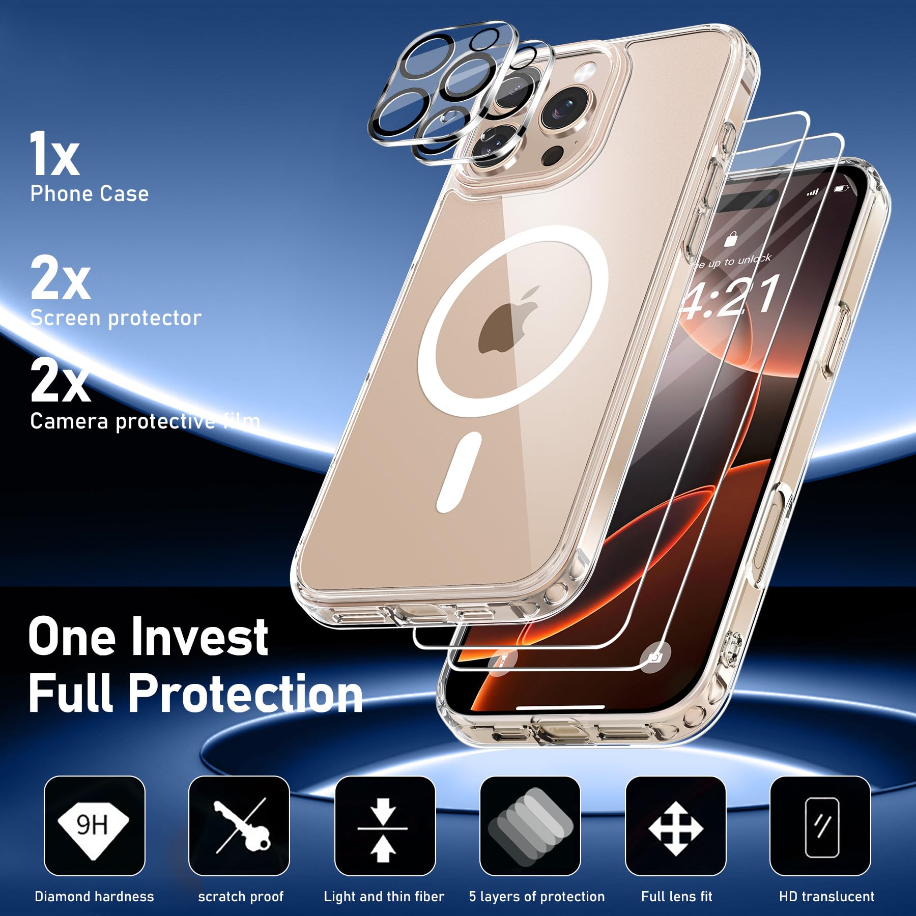 YisrLery Magnetica Cover Compatibile con iPhone 16 Pro con 2 Vetro Temperato e 2 Vetro Fotocamera, Compatibile MagSafe Hard PC Anti-Graffio Protettiva Antiurto Bumper TPU Custodia 6.3" (Trasparente)