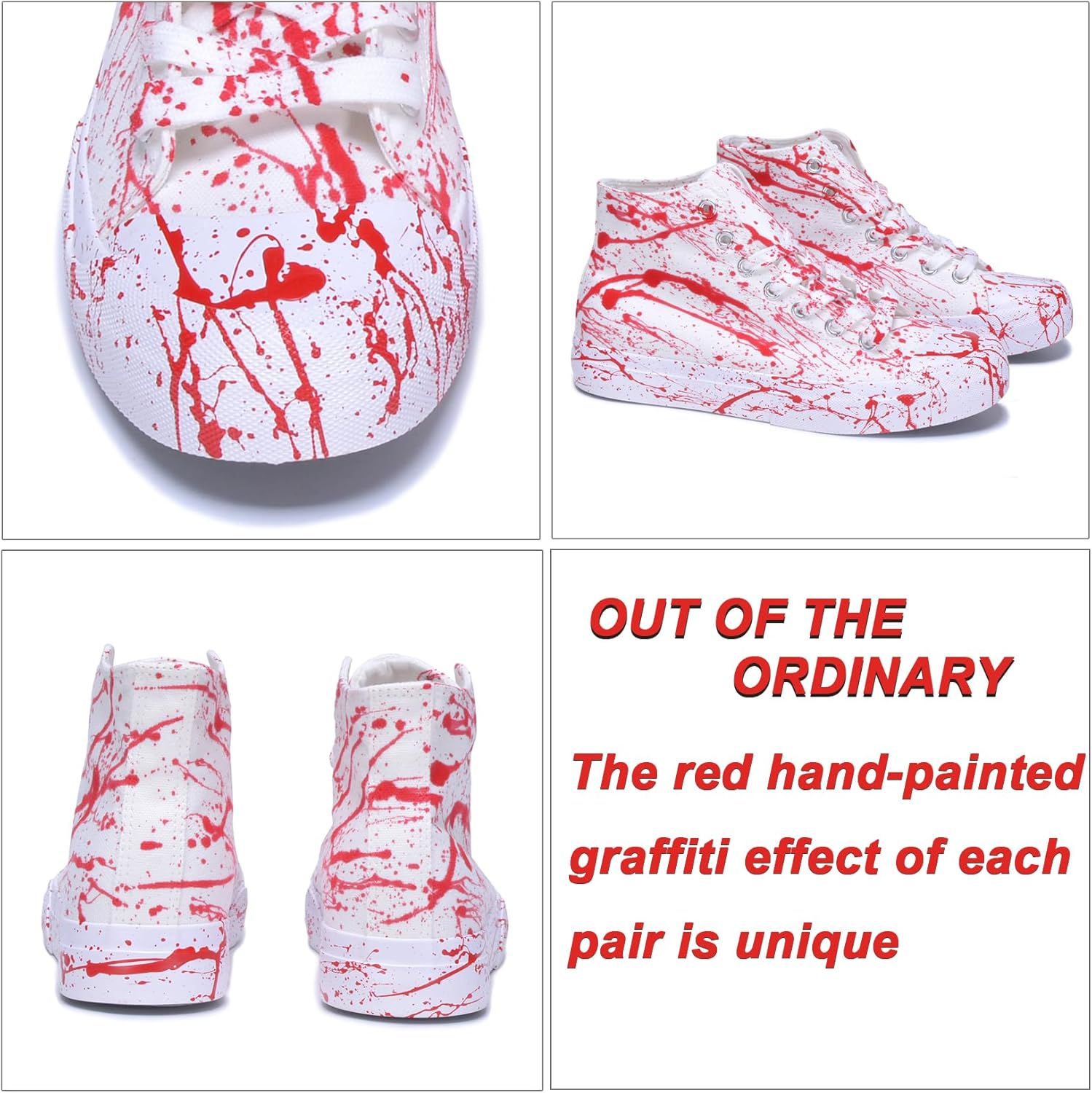 Unisex Horror Bloody Splatter Sneakers for Men & Women Lace Up Classic High Top Casual Walking Shoes Red - Image 5