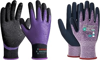 KAYGO 3 Pairs Eco Friendly Safety Work Gloves and 1 Pair Purple Waterproof Work Gloves, Rubber Coated Non-slip, Women,M