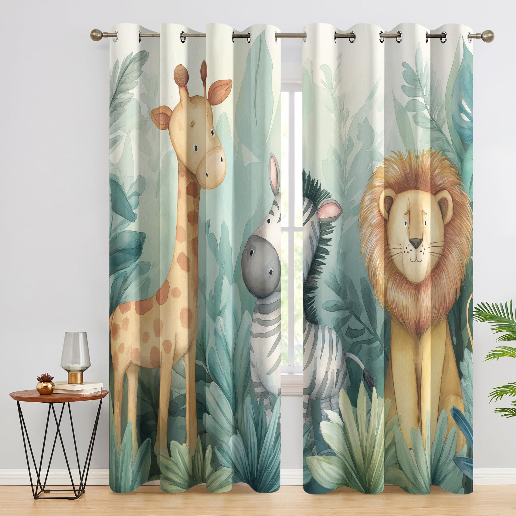 Kids Jungle Safari Curtains Blackout for Home Decor, Thermal Curtains Cartoon Lion Giraffe Zebra Pattern, Living Room & Bedroom Eyelet Drapes 54 Inch Drop, 46x54, 2 Panels E&91