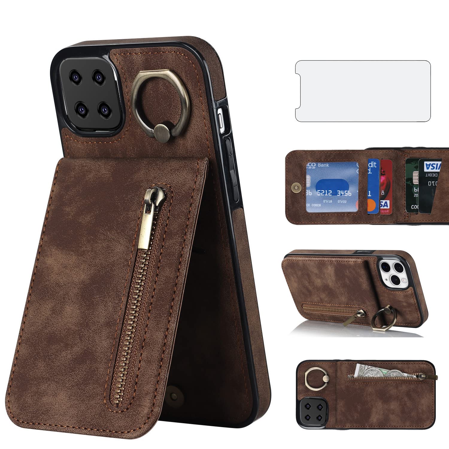 Asuwish Phone Case for Samsung Galaxy A12/M12 Wallet Cover with Tempered Glass Screen Protector and Zipper RFID Card Holder Ring Stand Leather Cell