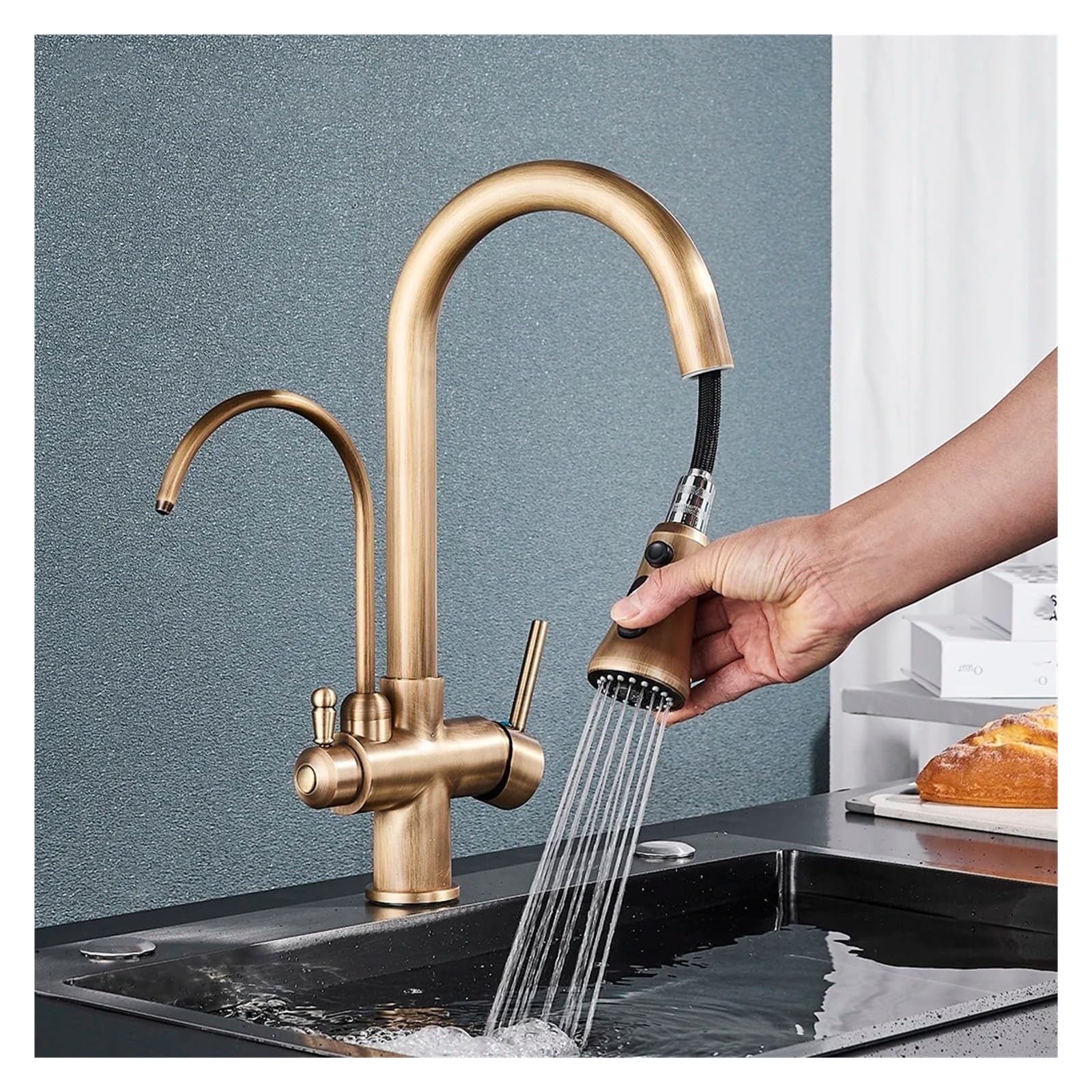 Rubinetto da Cucina con Filtro in Ottone, Beccuccio Girevole Estraibile, Doppia Maniglia, Miscelatore Filtrante, Compatibile con La Cucina, Rubinetto per Lavell,Black A