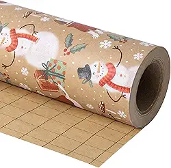 WRAPAHOLIC Papel de embrulho de Natal Kraft - Mini rolo - 43 cm x 80 metros - Papel de embrulho de boneco de neve e cachorro de Natal para férias, festa de celebração