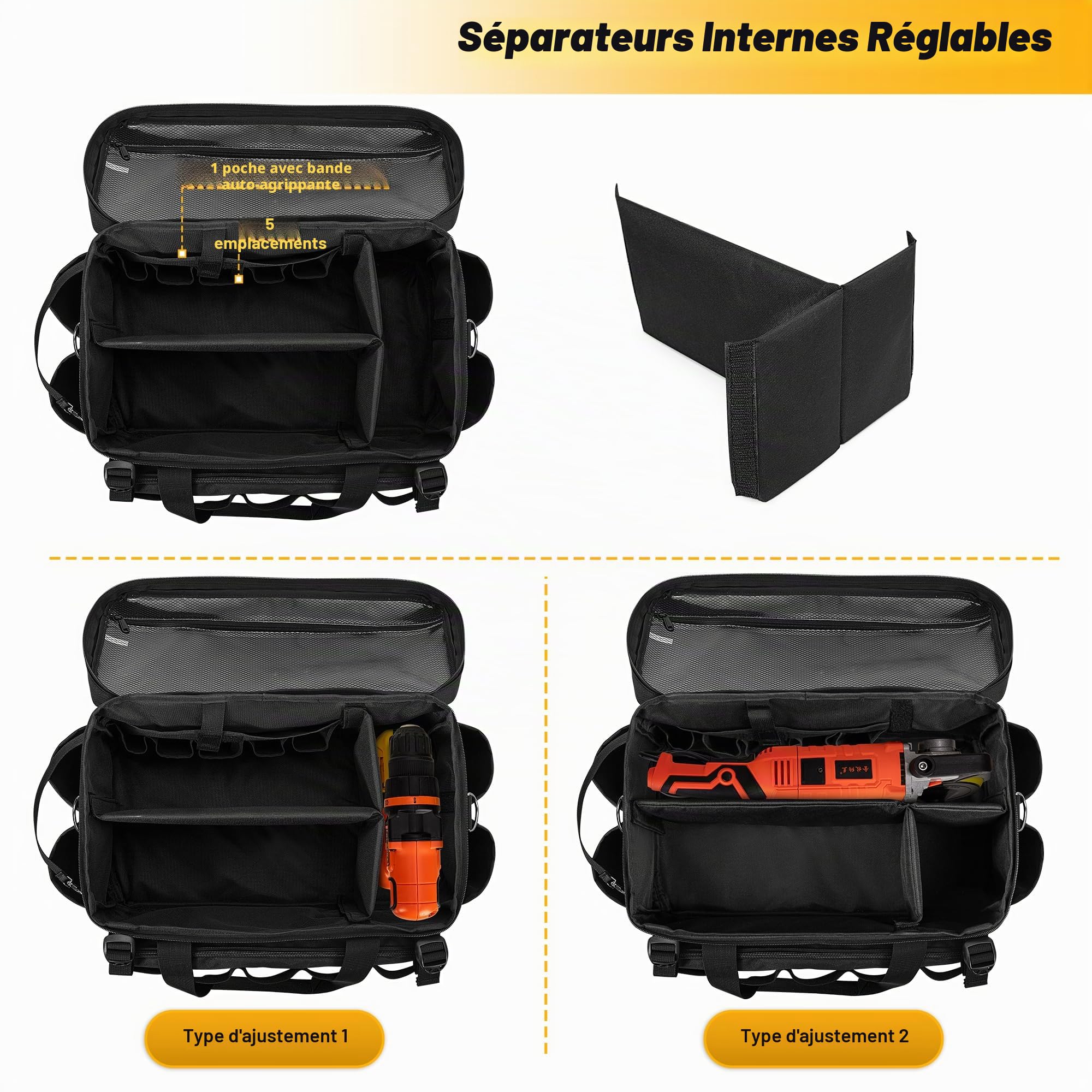 Rexmica Sac à Outil et 3 Pochettes à Outils, Rangement Outils pour Hommes | Tactique Sac de Travail Polyvalent pour Réparateur, Charpentier, Bricoleur, Électricien, Noir