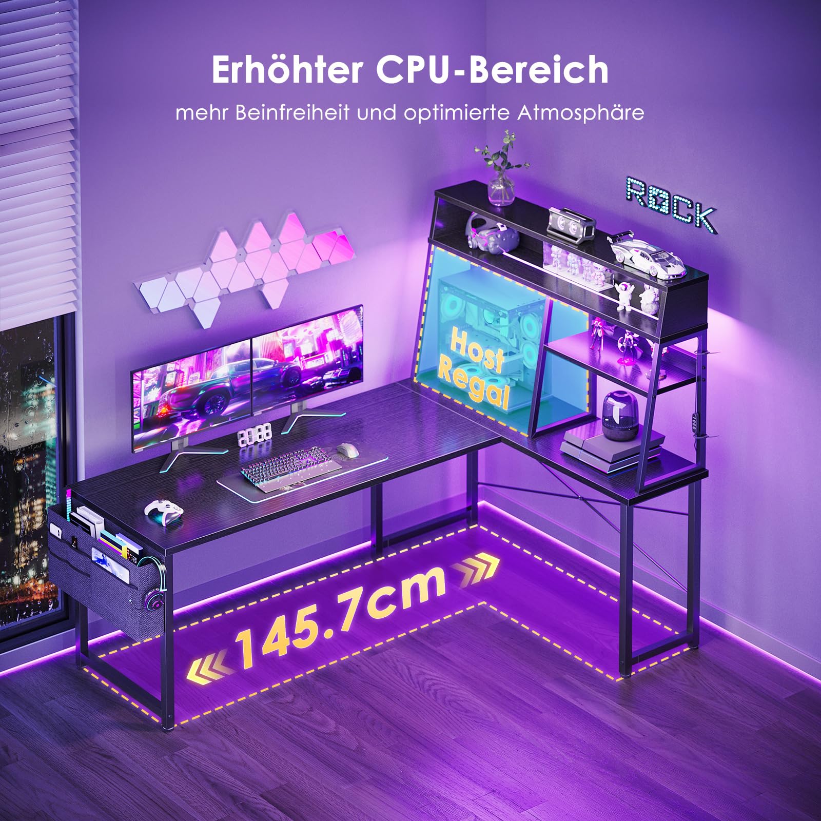 Coleshome Biurko Gamingowe Narożne z LED, 150 × 100 cm, Reversybilne Biurko z Wielopoziomową Półką, Stół w Kształcie L z Torbą na Przechowywanie do Domu i Gier, Czarne