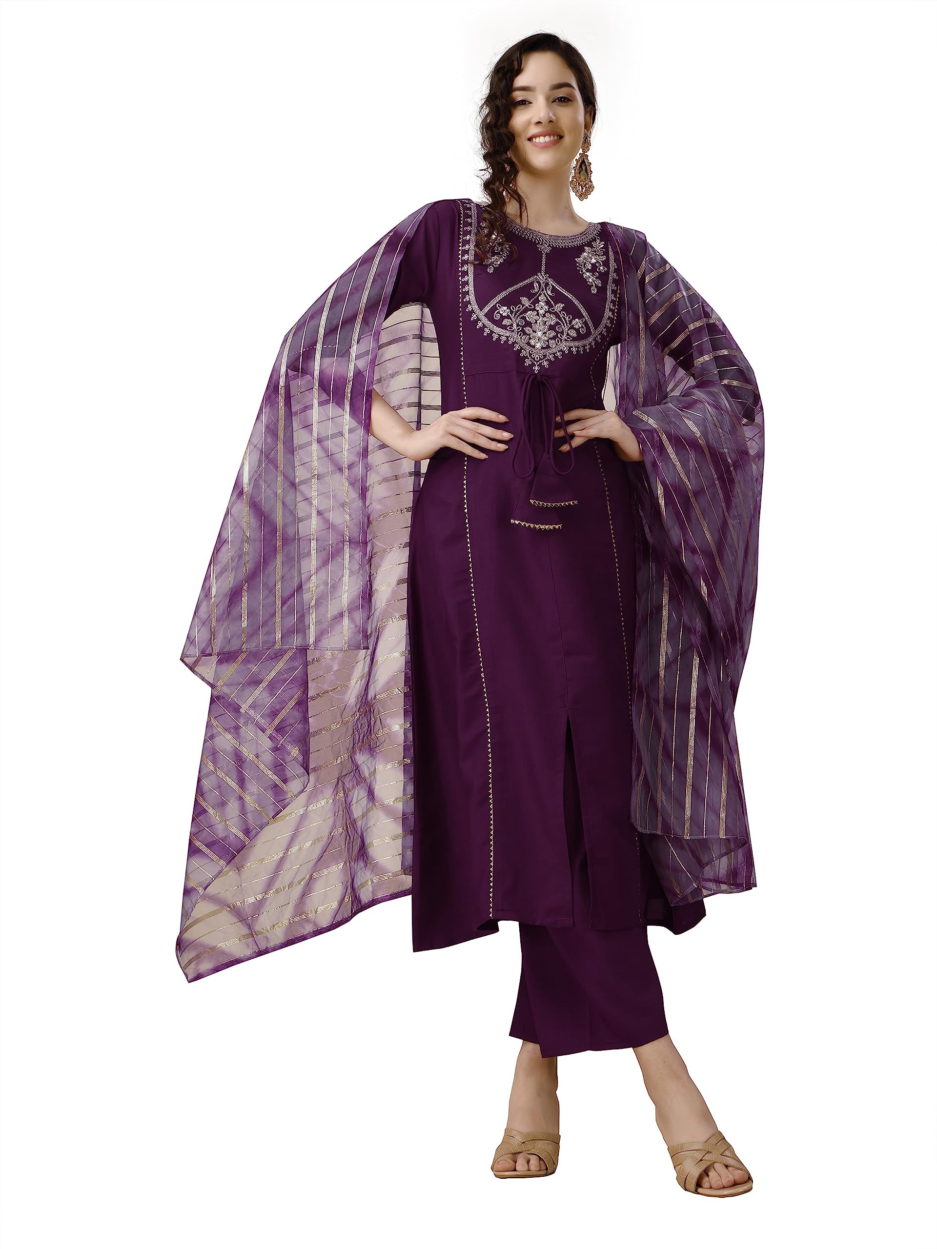 EthnicJunctionWomen's Cotton Silk EID Special Sequine Lace Work Kurta Palazzo and Dupatta Set | eid Outfits for Women