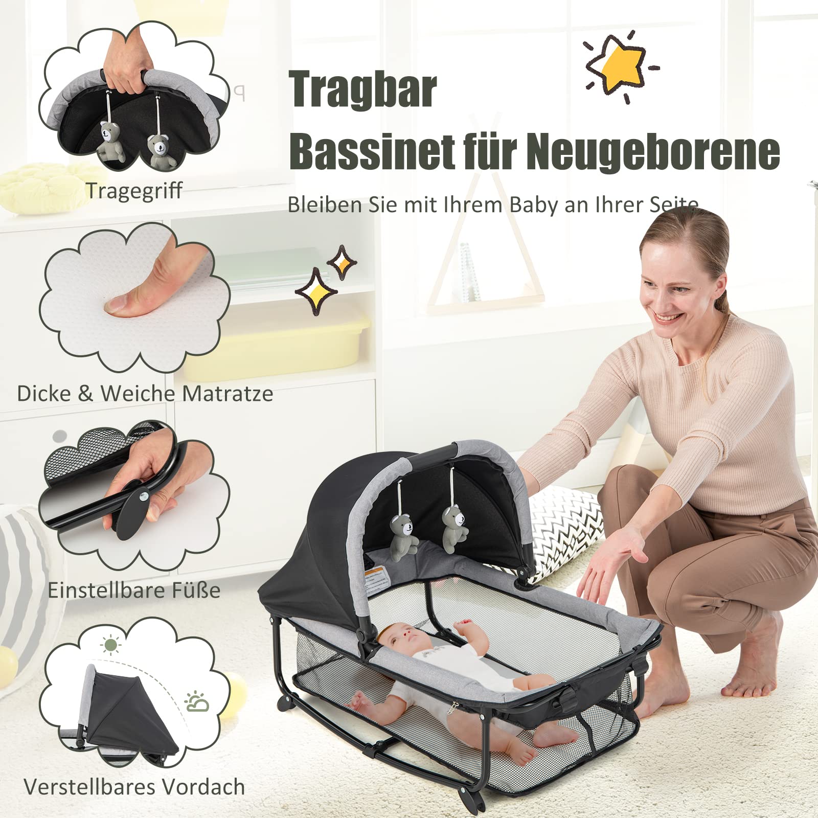 DREAMADE Reisebett Baby mit Matratze, Beistellbett mit Wiege & Wickelauflage, Babybett Set für Neugeborene & Baby bis 36 Monate,110 x 78 cm
