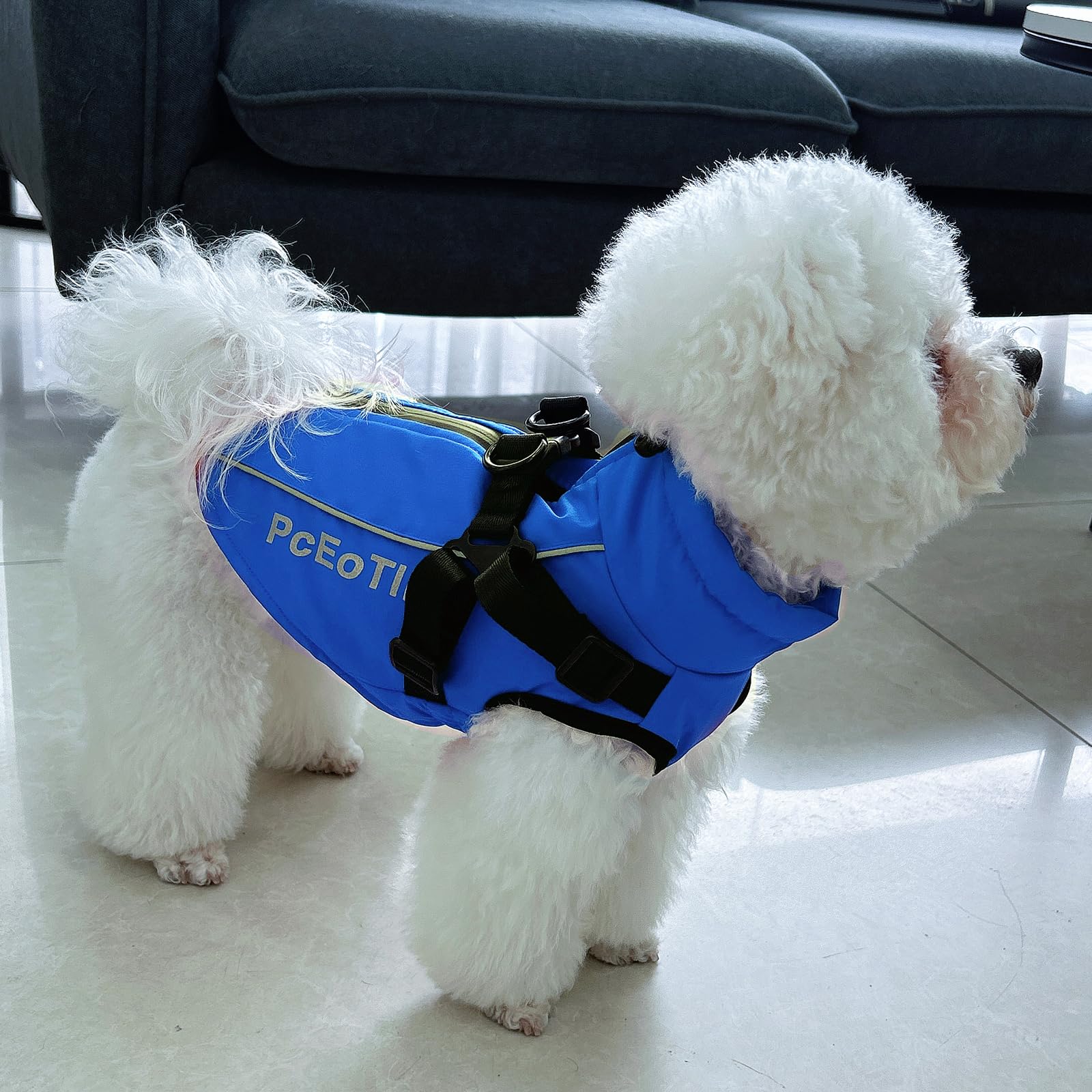 PcEoTllar Abrigo Impermeable para Perros pequeños, Chaqueta Reflectante cálida con arnés para Invierno, Disfraz de esquí, suéter de algodón para Perro, Azul, S