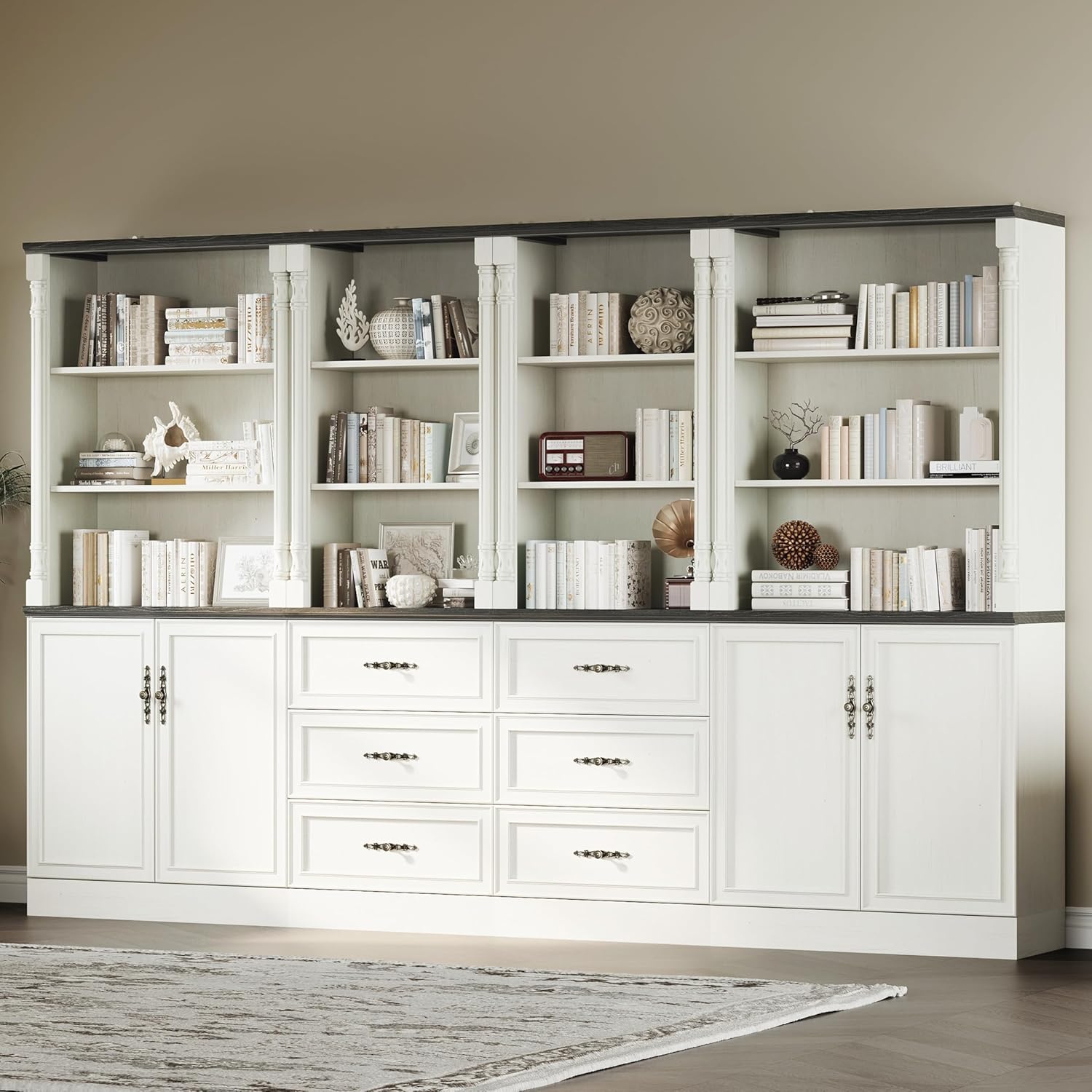 71'' Tall Bookshelf with 3 Drawers, Bookcase Storage Cabinets with 3-Tier Adjustable Shelves, Wooden Deep Book Shelf Kitchen Pantry for Living Room, Office, Bathroom, Antique White