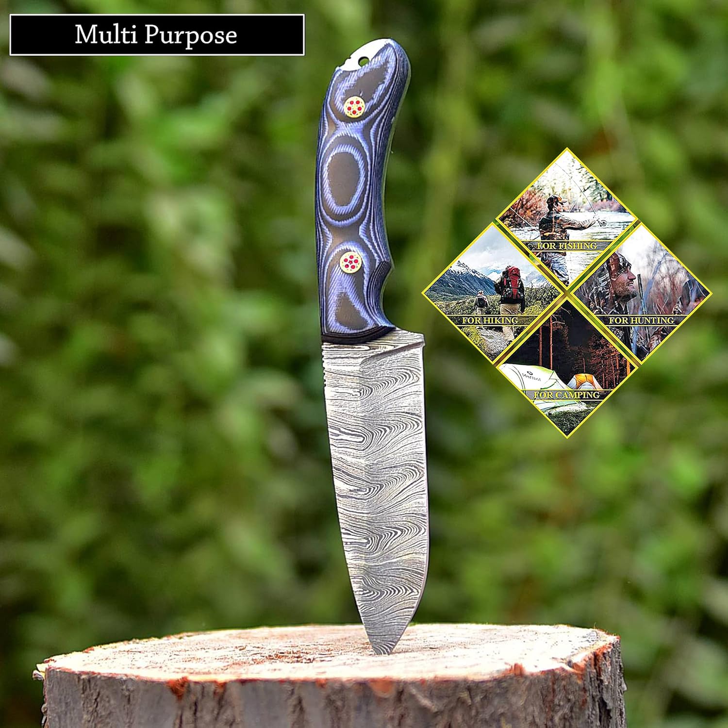 9.5" Overall Length Handmade Damascus Steel Fixed Blade Knife For Hunting, Skinning With Micarta Handle And Leather Sheath M-182