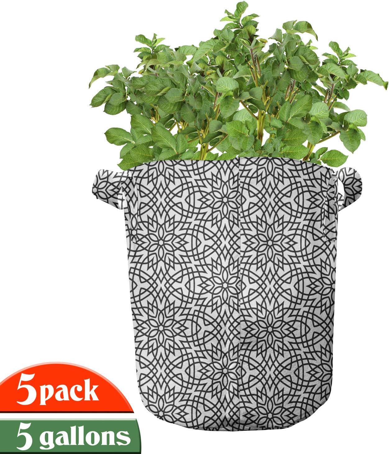 Ambesonne Vintage Grow Bags 5-Pack, Jumble Grid Floral Details, Heavyduty Fabric Pots with Handles for Plants, Charcoal Grey and White