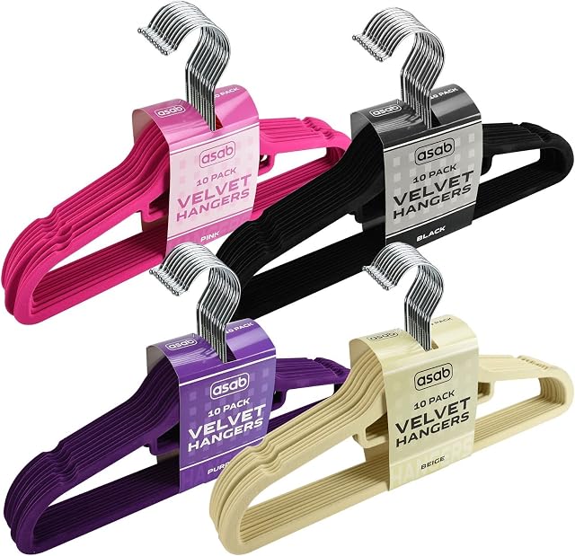 ASAB Non Slip Velvet Coat Hangers - Slim Flocked Wardrobe Coathanger for Clothes, Trouser, Scarf, Suit (Purple, 10 Hangers)