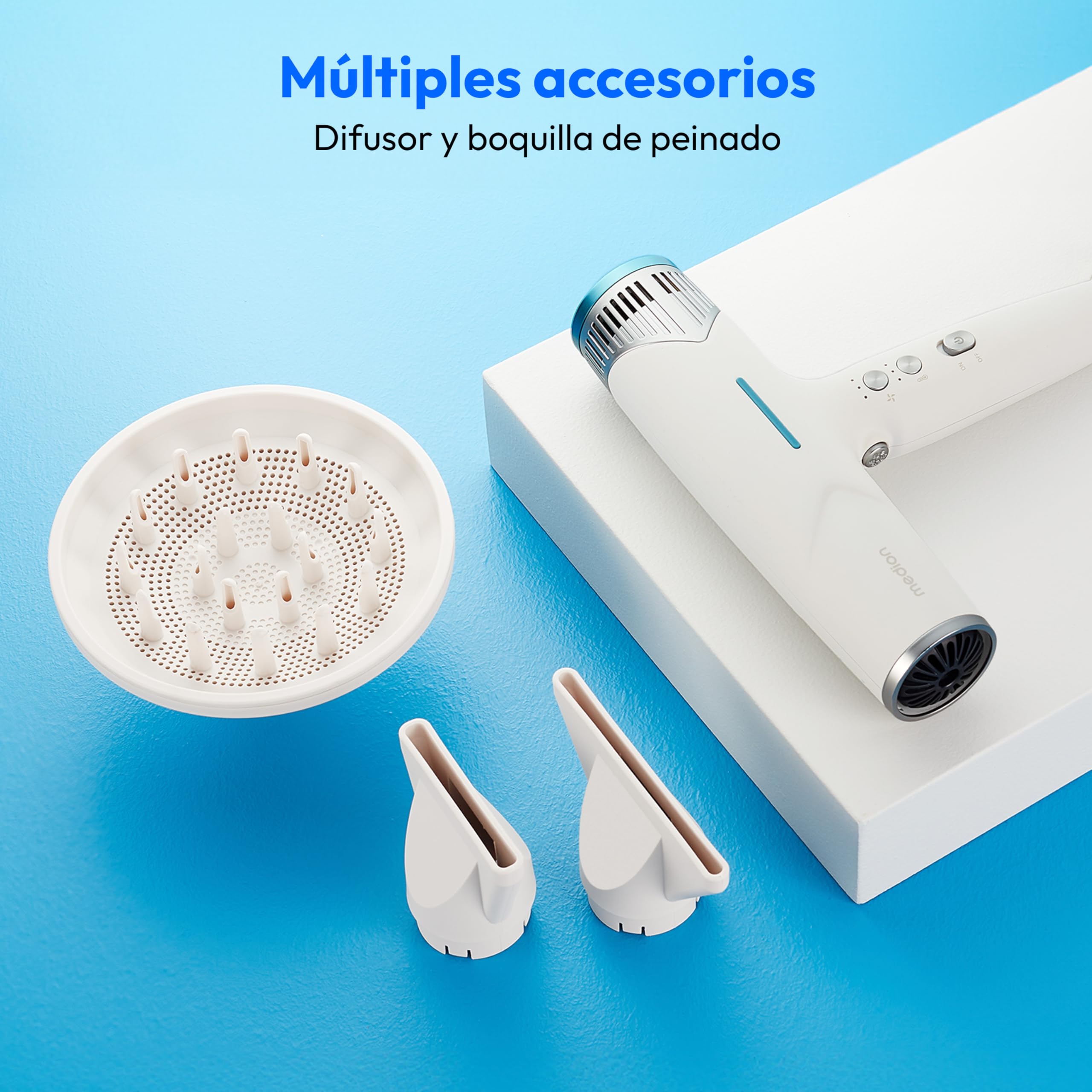 Secador de pelo MEDION HD2 (tecnología iónica, 1.500 vatios, difusor versátil y boquillas de peinado, motor BLDC de larga duración, función de autolimpieza, cable de alimentación largo) blanco