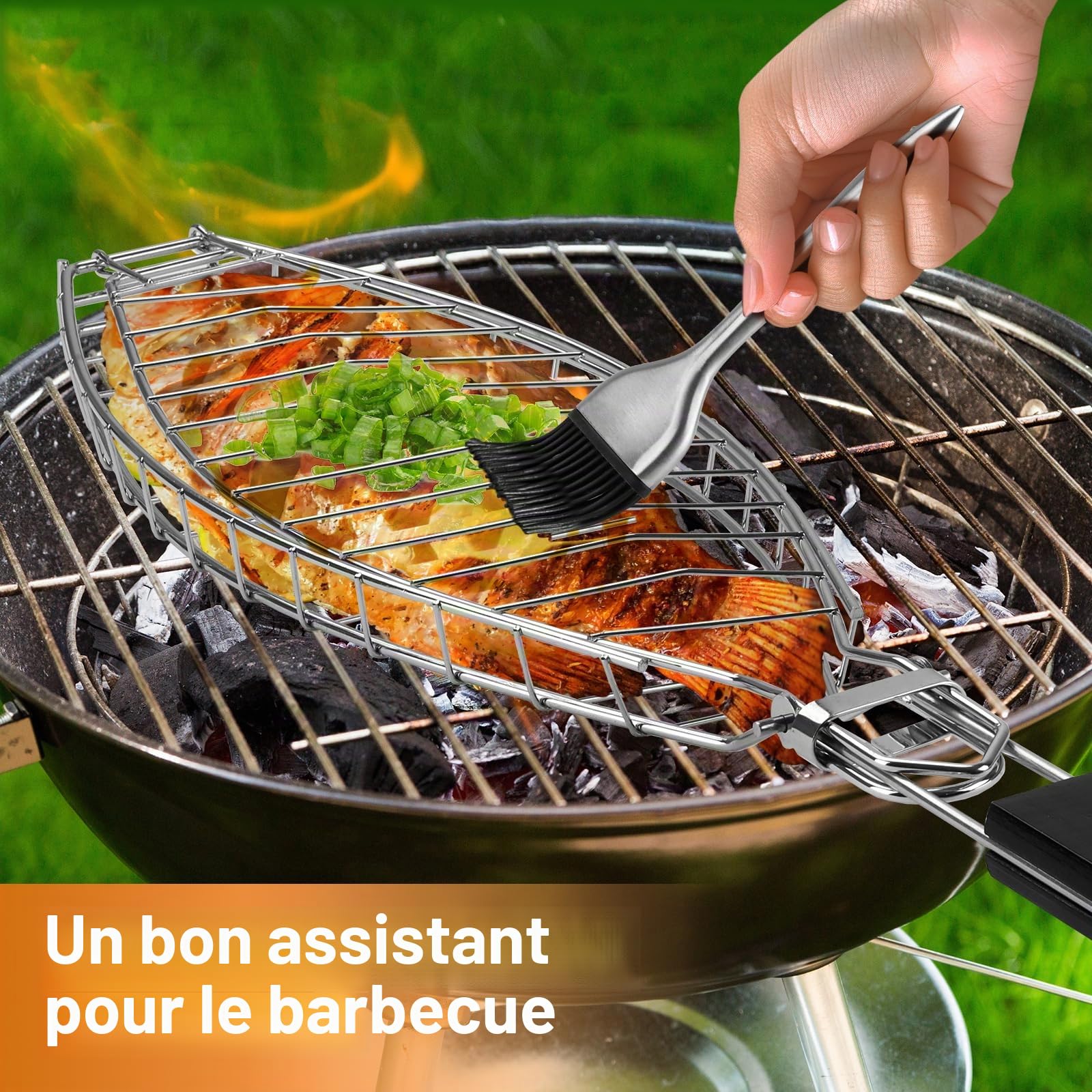 Grille Poisson pour Barbecue, Grill pour Barbecue en Acier Inoxydable avec Brosse à Huile, pour Barbecue à Poisson, Steak de Ailes de Poulet