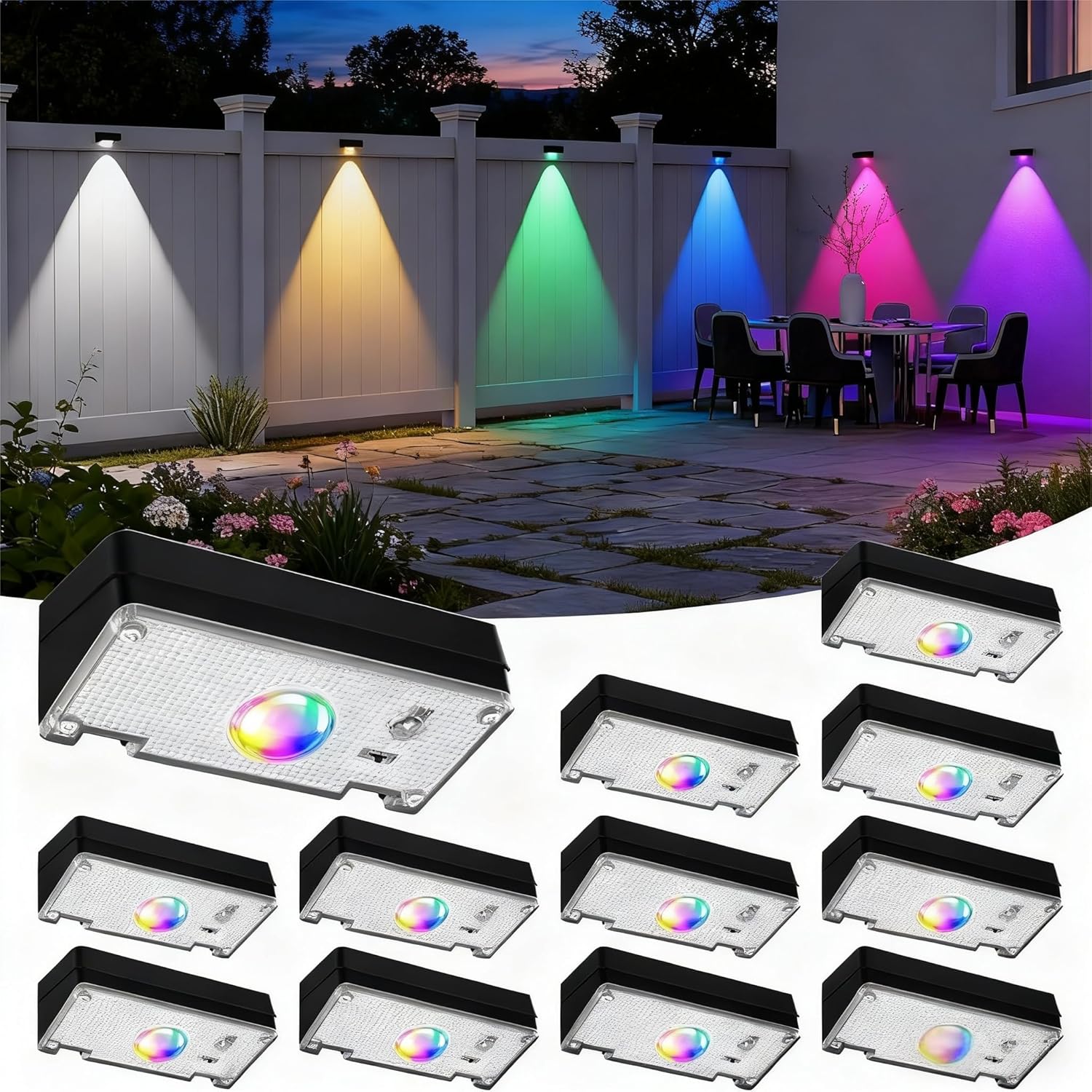 Solar Fence Lights,10 RGB Color Changing Modes,Solar Lights Powered Waterproof IP65,30 Hours Runtime,Easy Installation for Fence,Garden,Yard,Patio,Pool,Porch,Holiday Decor(12P)