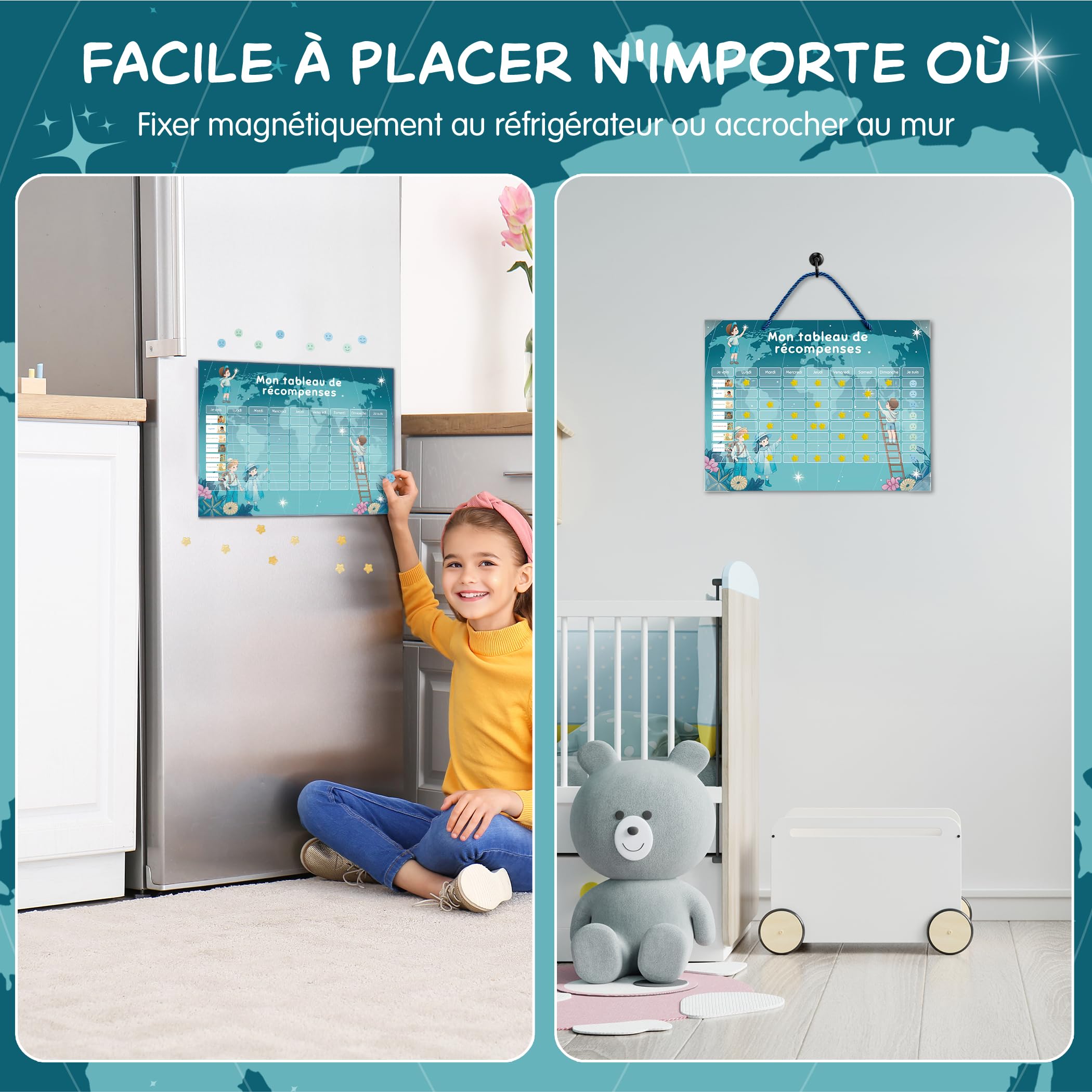 Tableau de Récompense Enfant Magnétique – Routine Matin & Soir 5-12 Ans | Tableau de Comportement et Tâches Enfant | 60 Missions + 10 Libres, 150 Étoiles, 60 Emojis, Organisation routine maison
