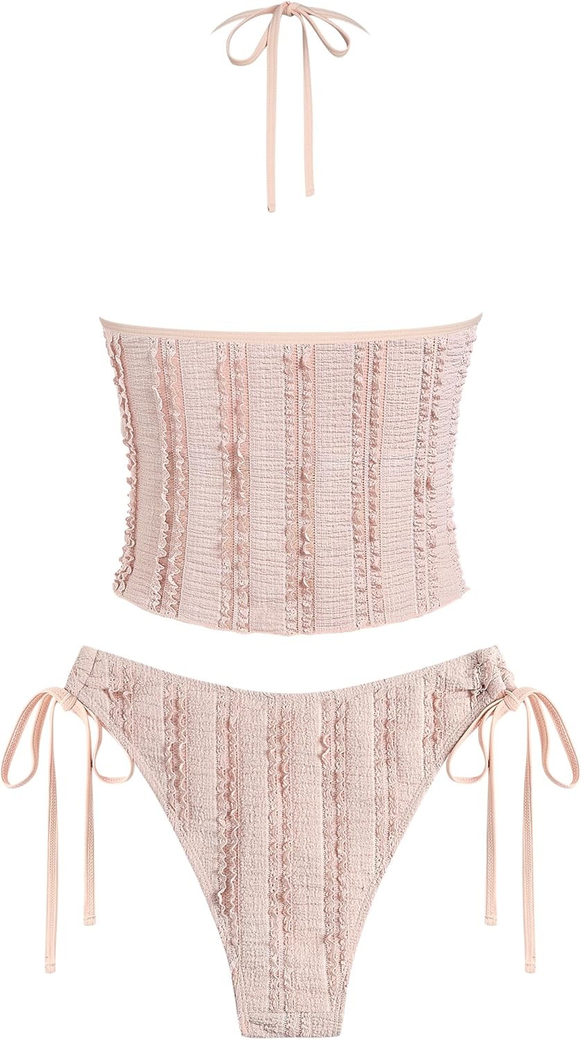 ZAFUL Tankini Swimsuits for Women Smocked Ruffles Tie Front Bowknot Textured High Cut Tanga Tankini Set - Image 3