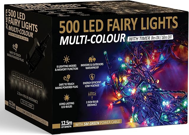 Christmas Tree Lights 500 LED 12.5m Multi-Colour - 2.5cm Bulb Distance Fairy String Lights Plug in with Timer and Memory Functions - Suitable for Outdoor/Indoor Use