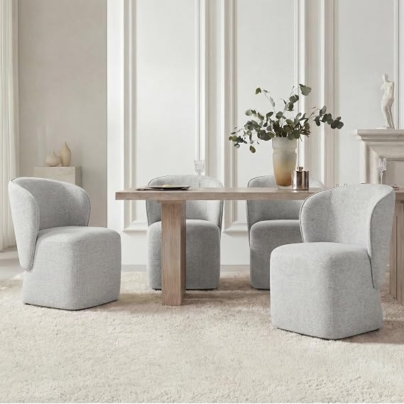 KISLOT Upholstered Dining Chairs with Wheels, No Assembly Stain Resistant Fabric Modern Barrel Armchair with Casters, Dining Room Chairs for Kitchen Living Room Bedroom, Light Grey, Set of 2