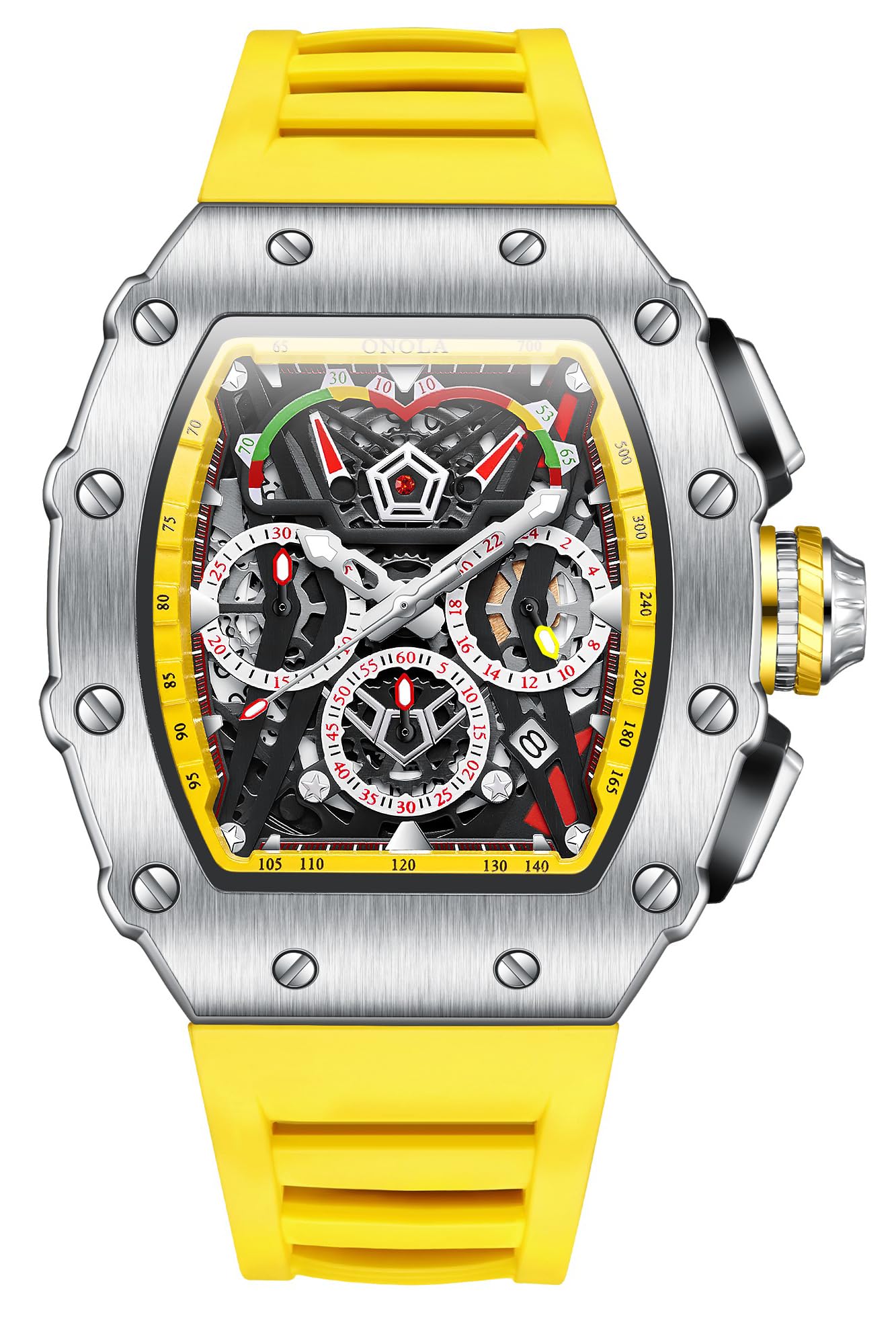 FANMIS Tonneau Orologio da uomo alla moda con quadrante scheletrato, quadrante grande, resistente all'acqua fino a 30 m, cronografo, orologio casual con cinturino in silicone, multifunzione, orologio