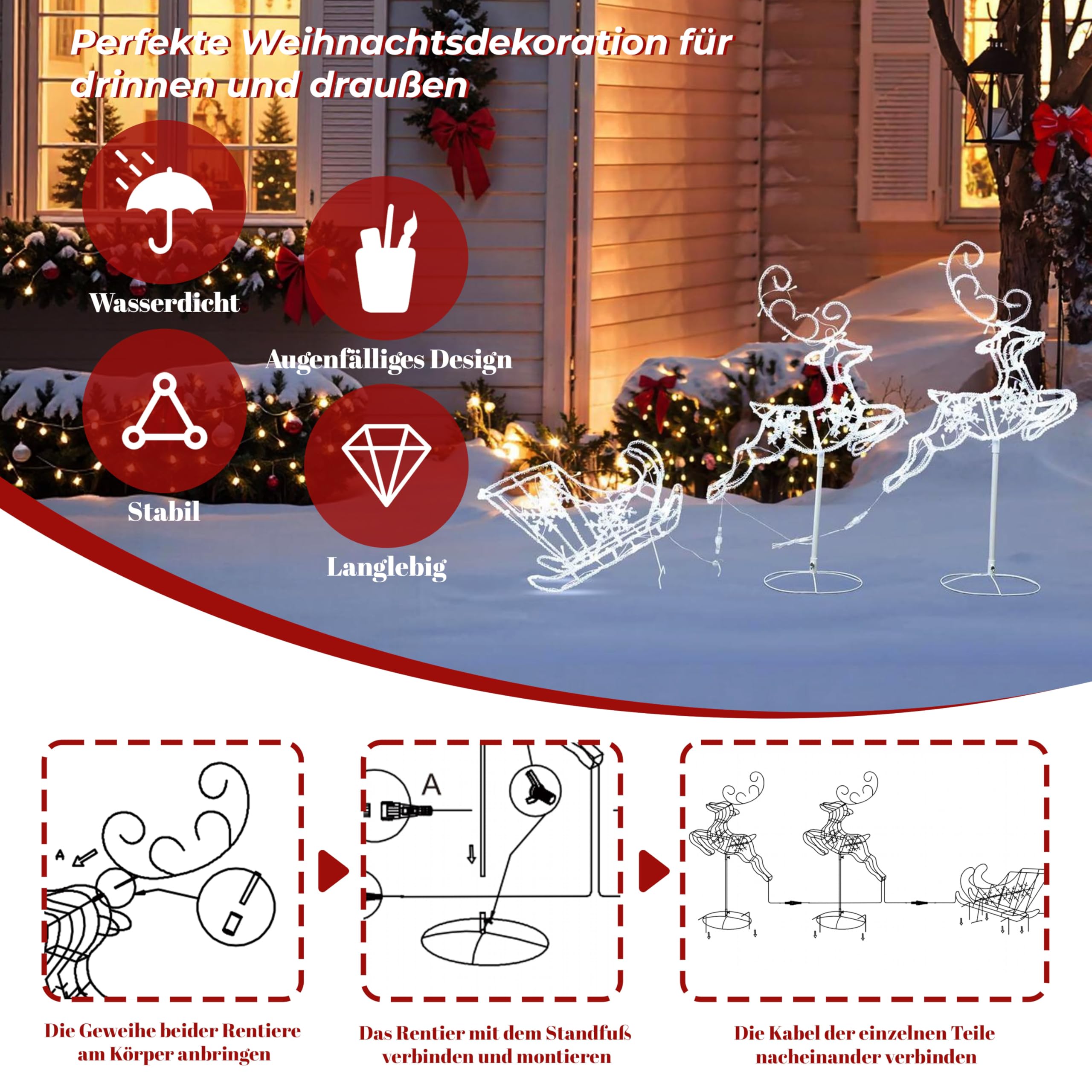 Hometopia LED 2 Rentiere mit Schlitten mit 250 LEDs 55 cm – Leuchtende Weihnachtsdekoration für Innen und Außen