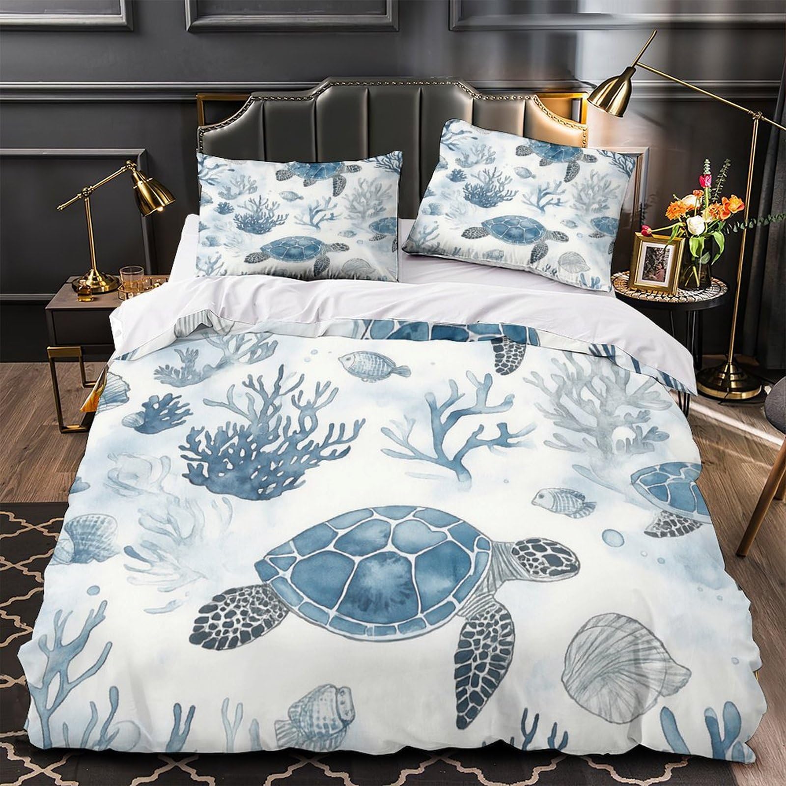 3 Piezas Microfibra de poliéster Sea Turtles Juego Fundas Edredón Estampado 3D Fundas Almohada Transpirable Watercolor Océano Funda de Edredón for Familia Super King（260x220cm）