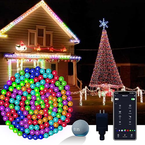 Guirnalda de luces LED inteligentes de Navidad para exteriores, 120 LED, 60 pies, RGB que cambian de color, luces con aplicación y control remoto,