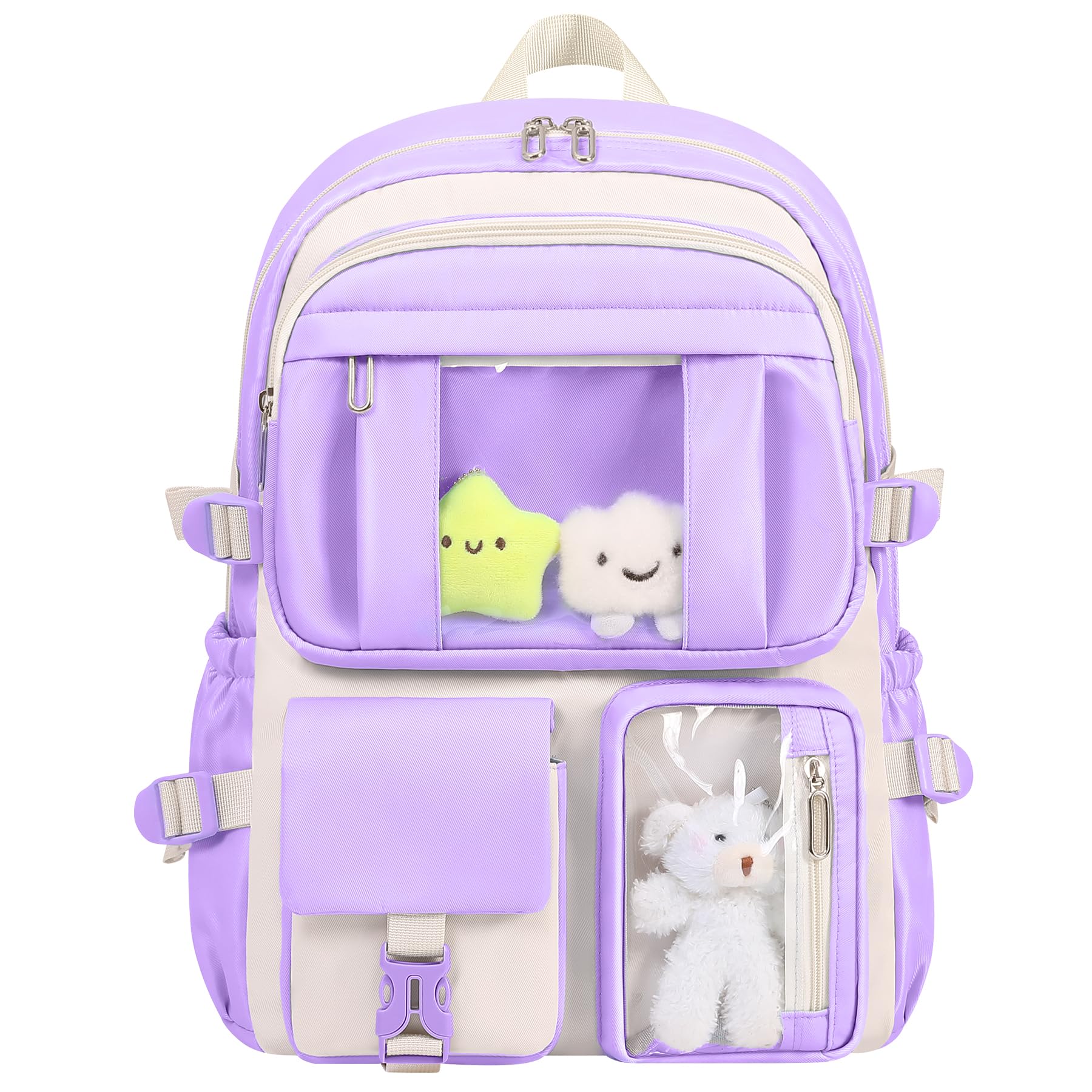 HORHEAR Kawaii Backpack for School Girls Cute Bag with Kawaii Stuff Bear Pendant Backpack Aesthetic for Kids (Purple)