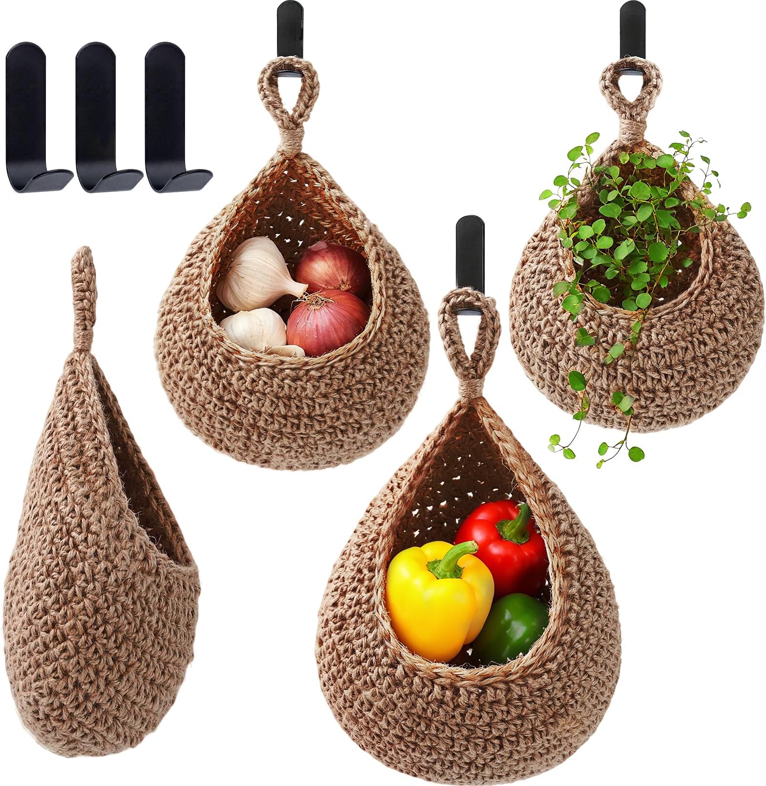 3 Pack Boho Wall Hanging Basket, Hanging Fruit Baskets for Kitchen, Teardrop Baskets with Hooks, Handwoven Hanging Holder, Wall Basket for Fruits Vegetable Potato Onion Storage, 3 Size