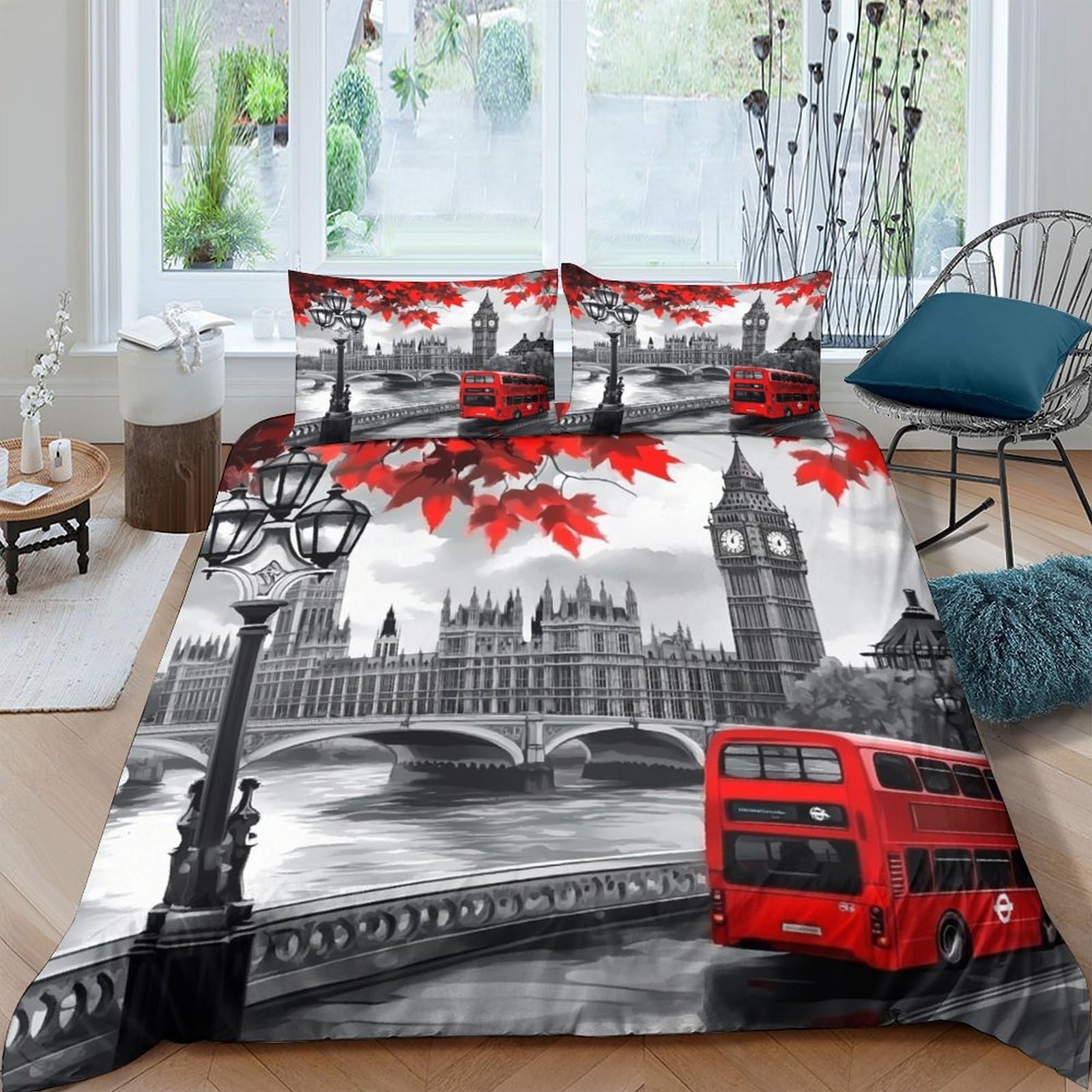 Ctjqhvkz Style-1 3D Printed London Cityscape Fitted Sheet Microfiber Soft Breathable Red Bus Bed Cover For Bedroom Dorm Decor Single（135X200cm）