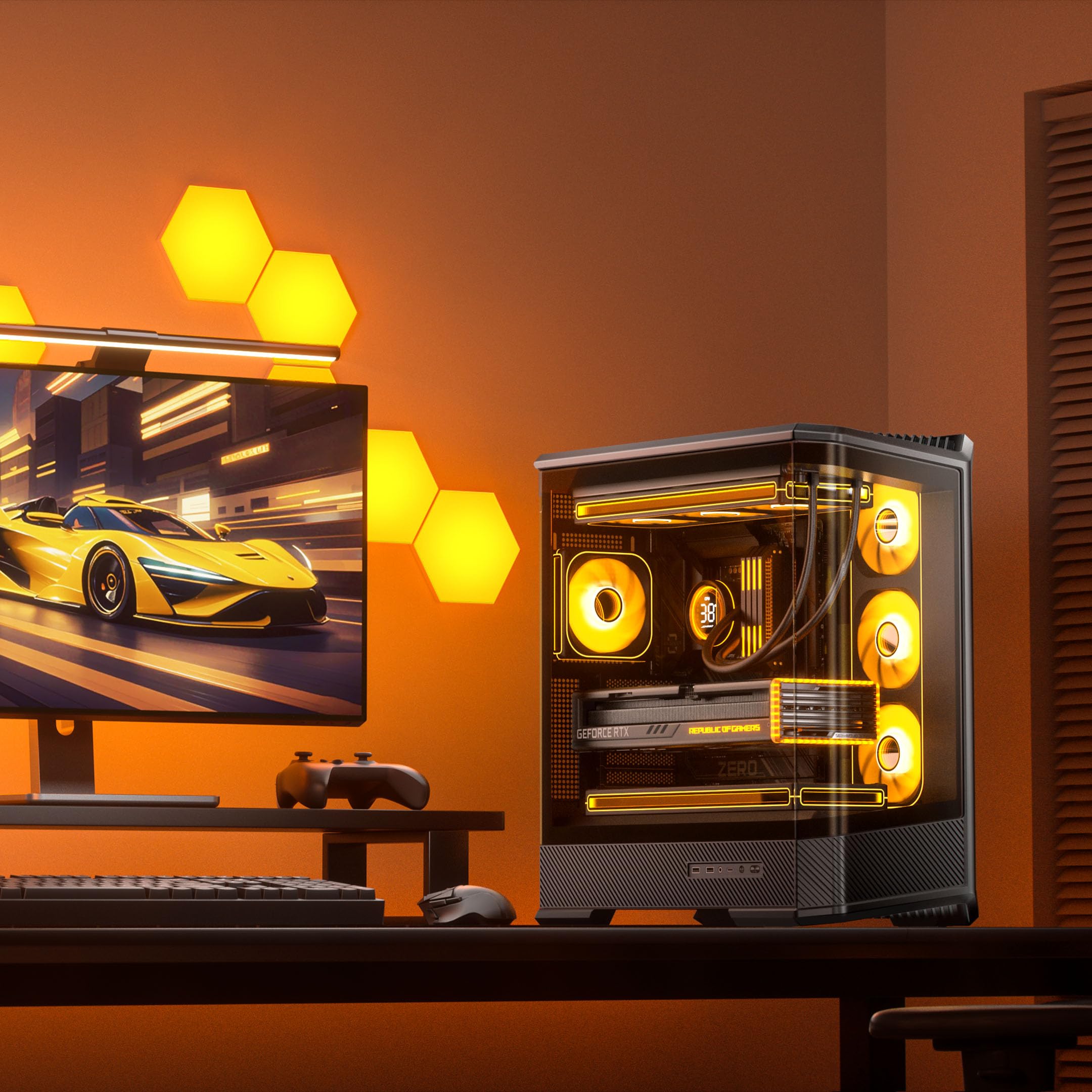 Jonsbo D400 obudowa PC czarna | ATX Midi-Tower z panoramicznym oknem 270°, podwójny grzejnik 360 mm, USB-C