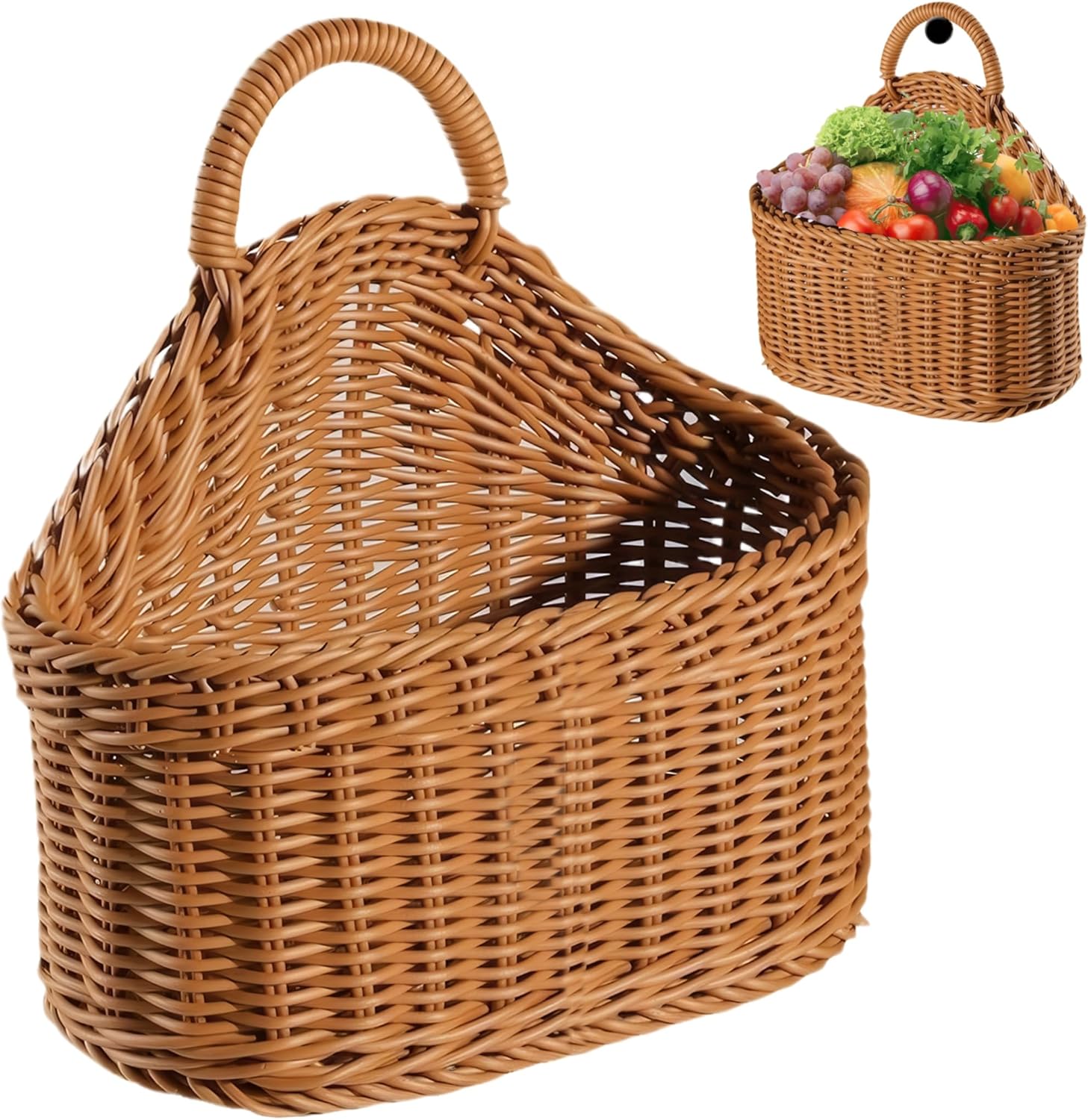 Wall Baskets with Handle Rustic Woven Hanging Basket Washable Ventilated 8.3x7.5x3.9in Heavy Duty Hanging Basket for Door, Plant, Cafe, Kitchen, Garden, Brown, Planter