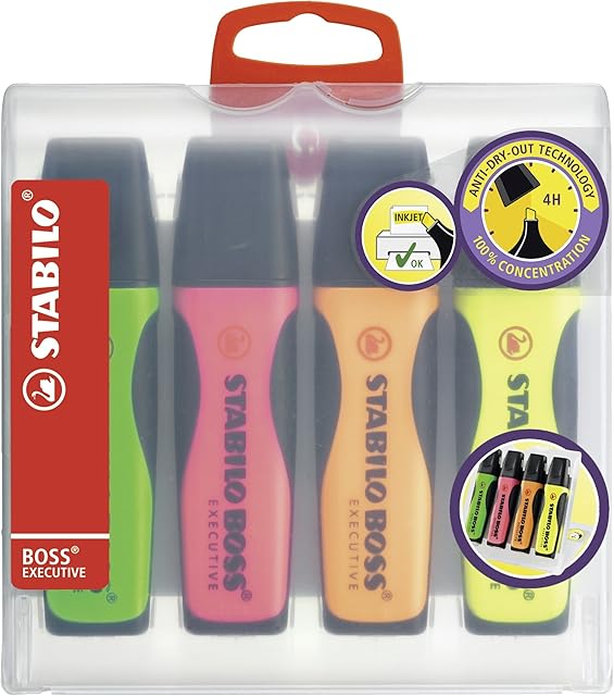 Highlighter - STABILO BOSS EXECUTIVE - Pack of 4 - green, pink, orange, yellow