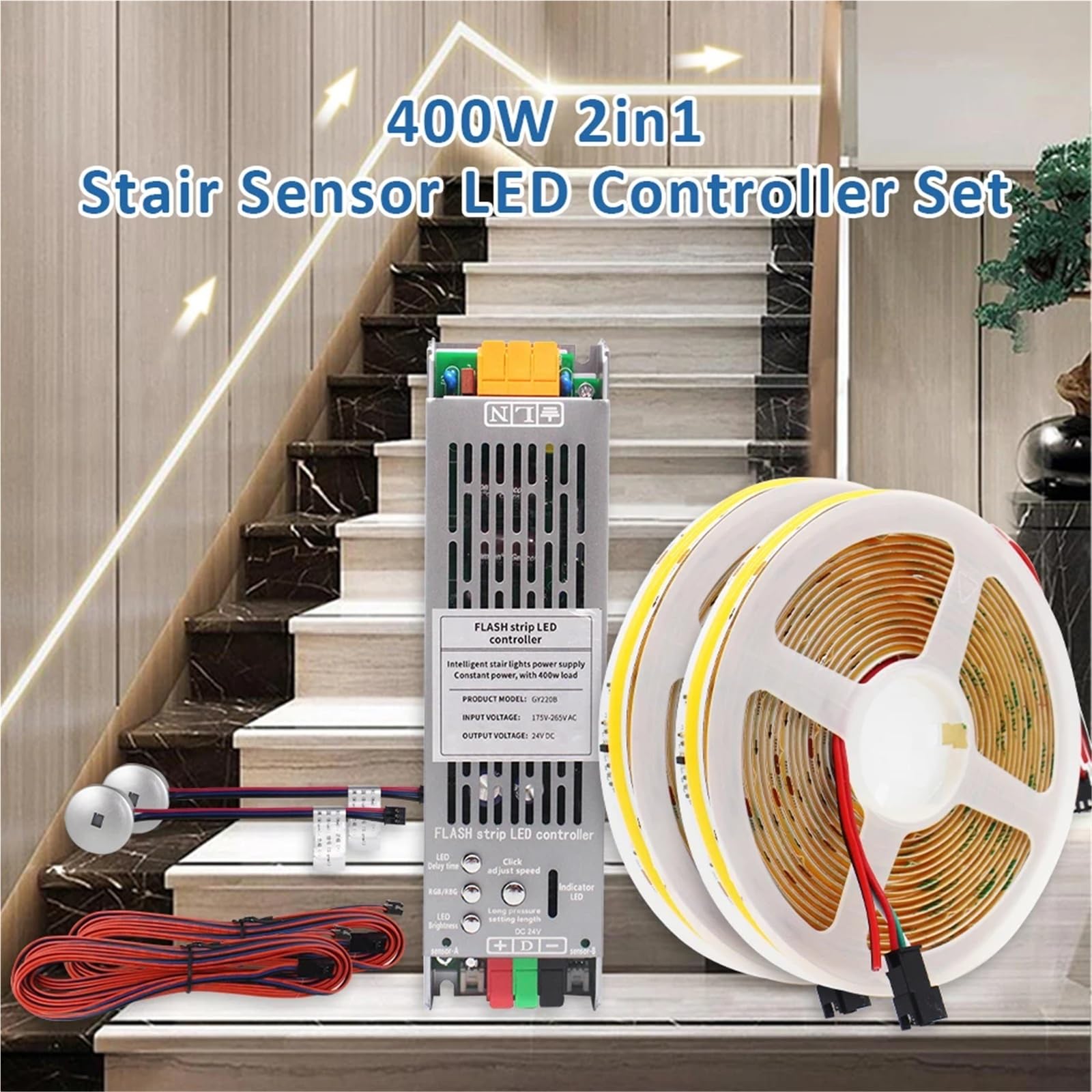 5M 10M 15M Running Water Strip Light for 24V 400W Motion Sensor LED Stair Controller Staircase Lighting Decor(Cool White,15M Full Set)