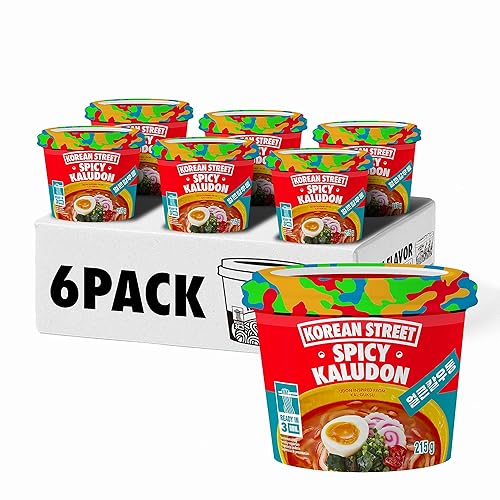 Korean Street Kaludon Spicy (paquete de 6) - Cuenco de fideos Udon instantáneo coreano, sopa de fideos masticables gruesos coreanos rápida y fácil,