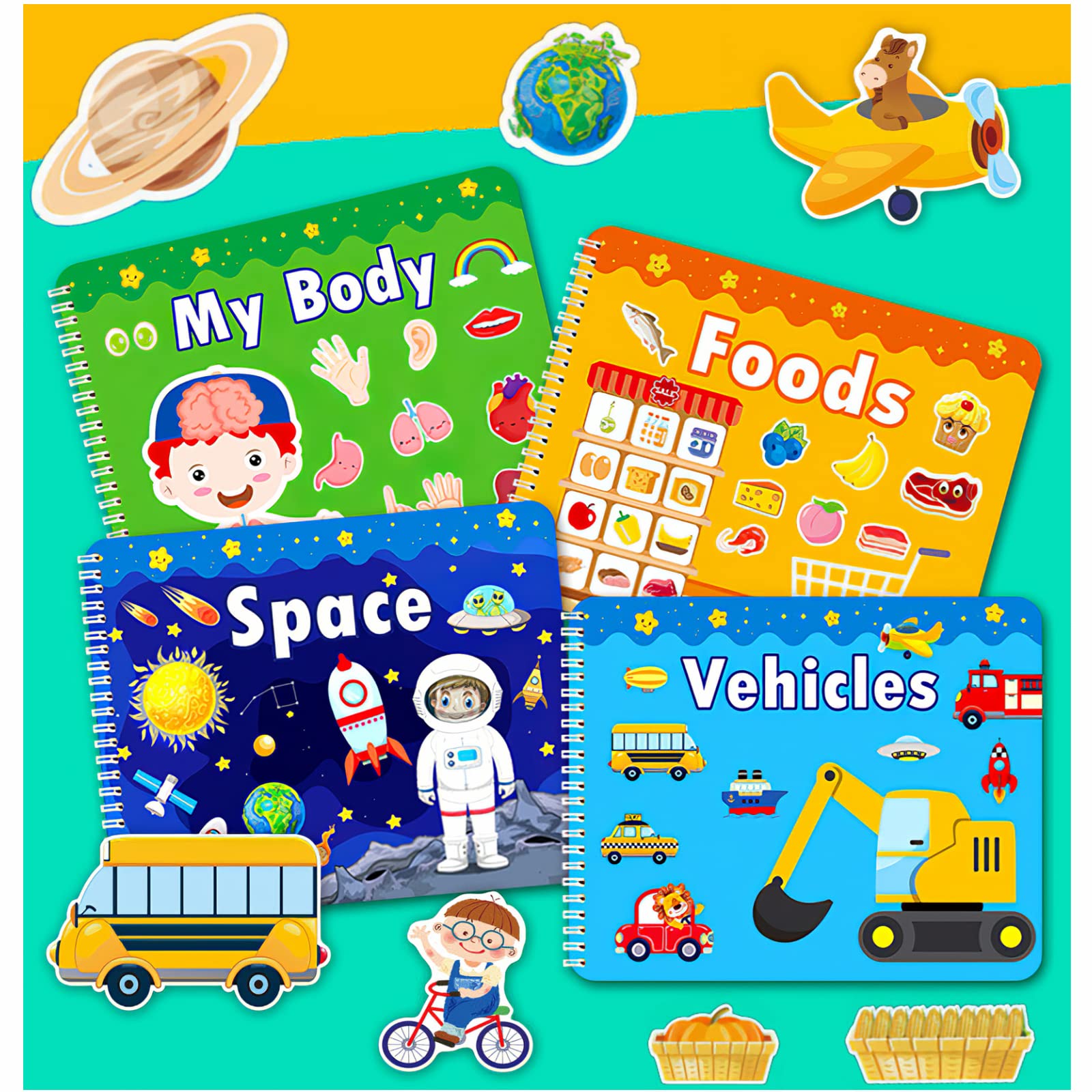 Photo 1 of 4 Pack DIY Quiet Book for Toddlers, Montessori Busy Book for Kids, Vehicle Space Body Food Preschool Learning Activities