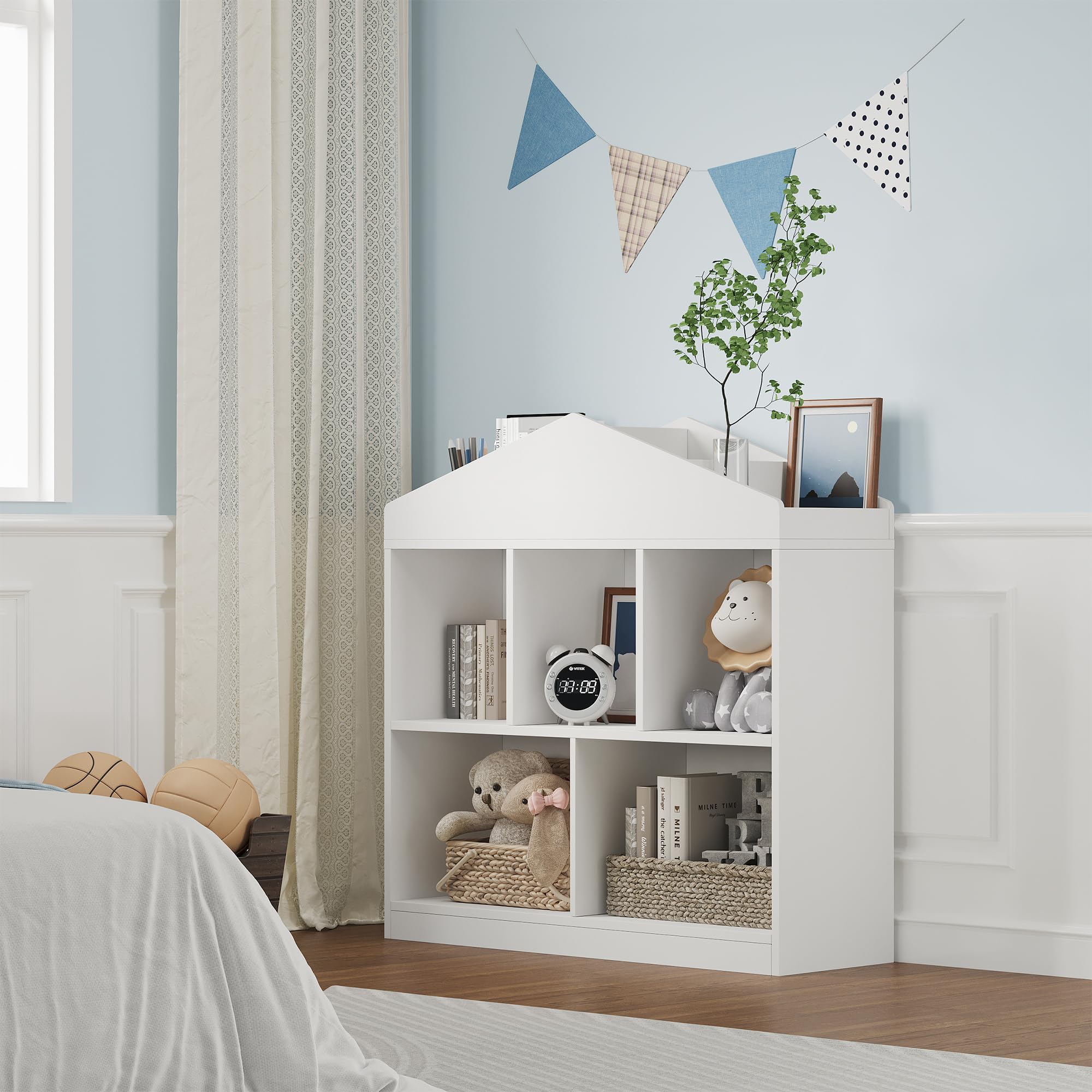 GarveeHome Estantería Infantil Blanca de Madera con 5 Compartimentos y Techo - Organizador Moderno para Libros y Juguetes Habitaciones Infantiles, aulas y Salas de Juegos - Blanco