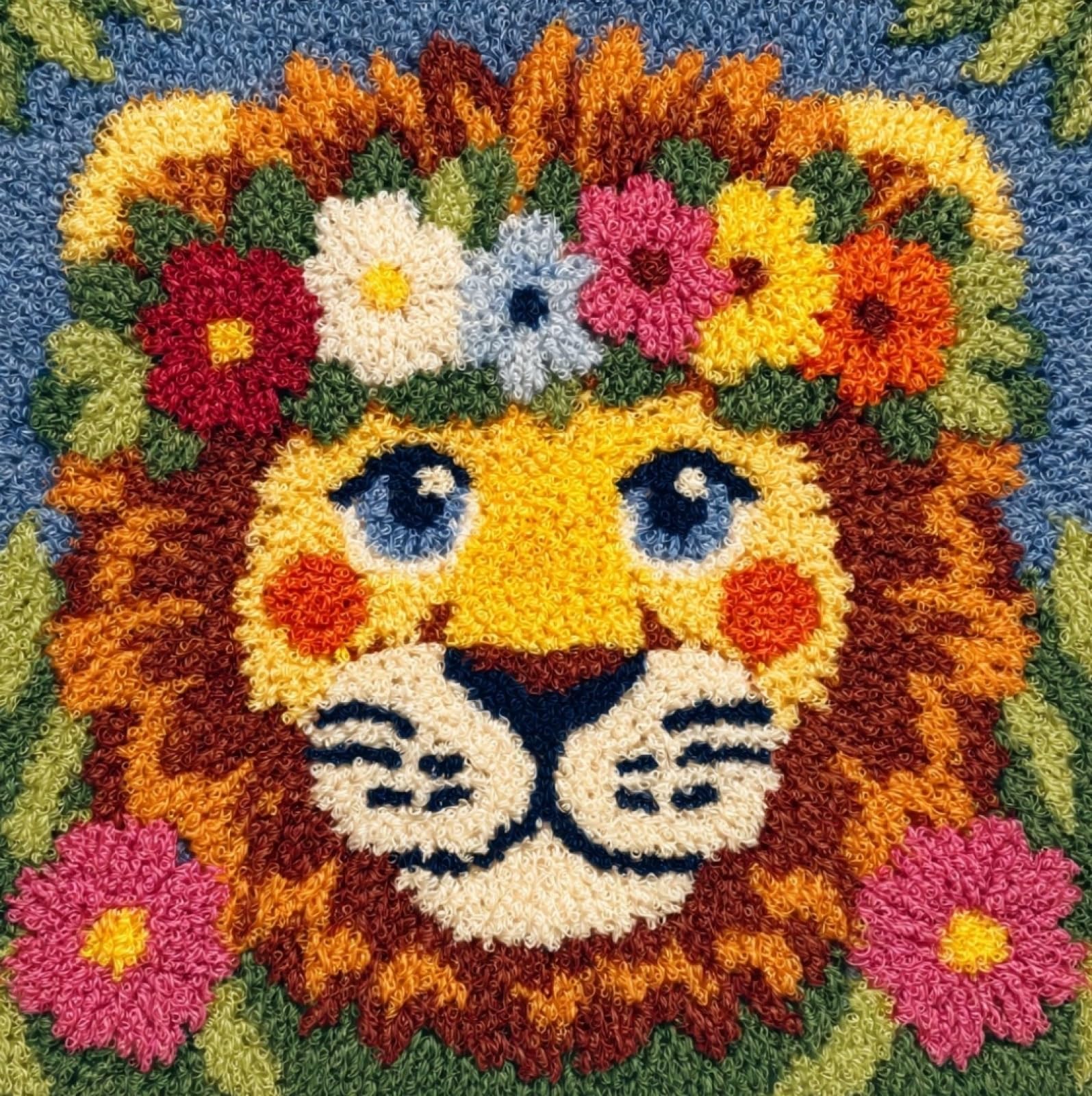 WallustrioaW Latch Hook Cushion Kit 43x43cm,Lion with a Wreath