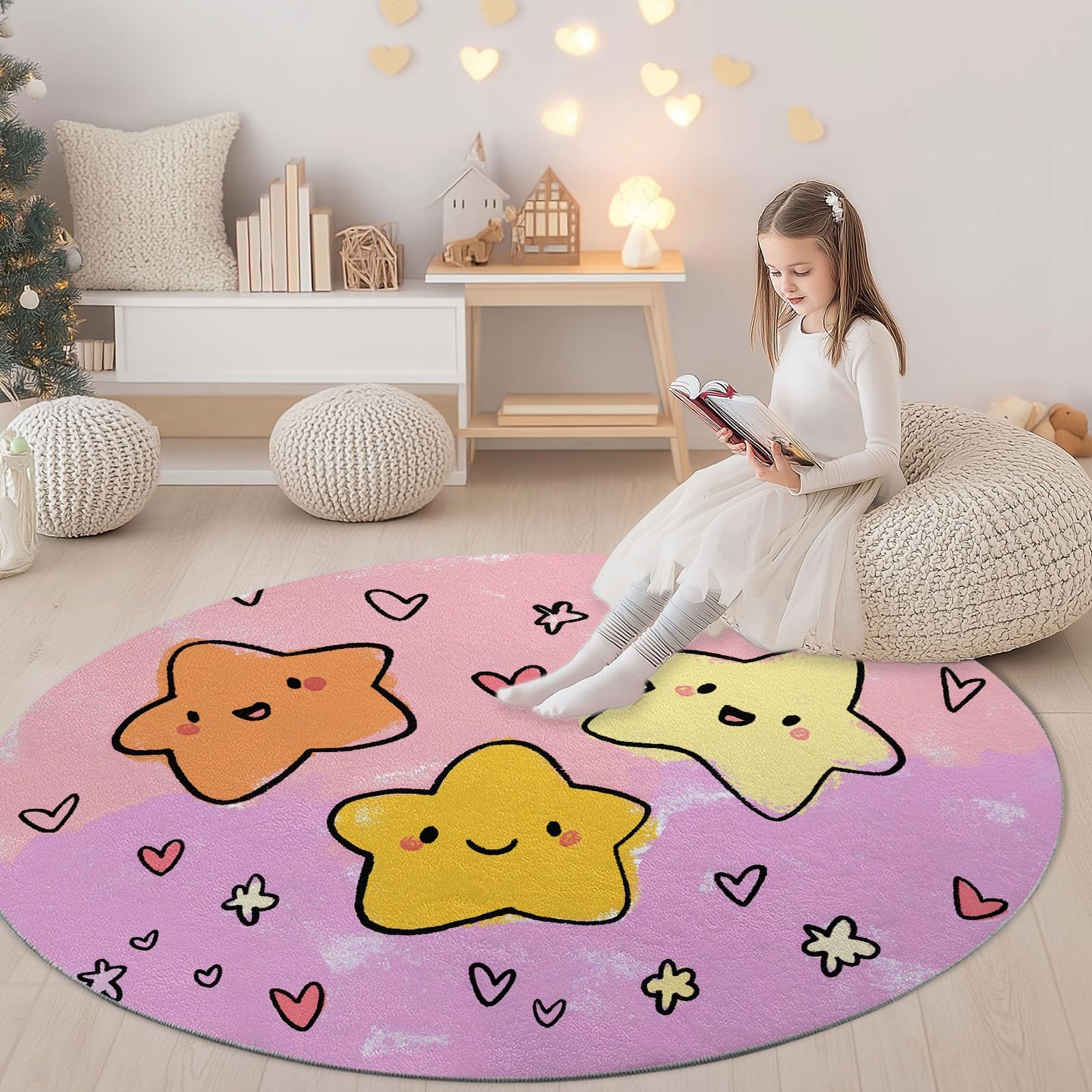 Generisch Cartoon Rund Teppich Handgezeichnete Smiley-Sterne Herzen 150 cm rutschfest Teppiche, Rosa Plüsch Flauschig Weich Runder Teppich Wohnzimmer Schlafzimmer Küche Fußmatte Haustierteppich