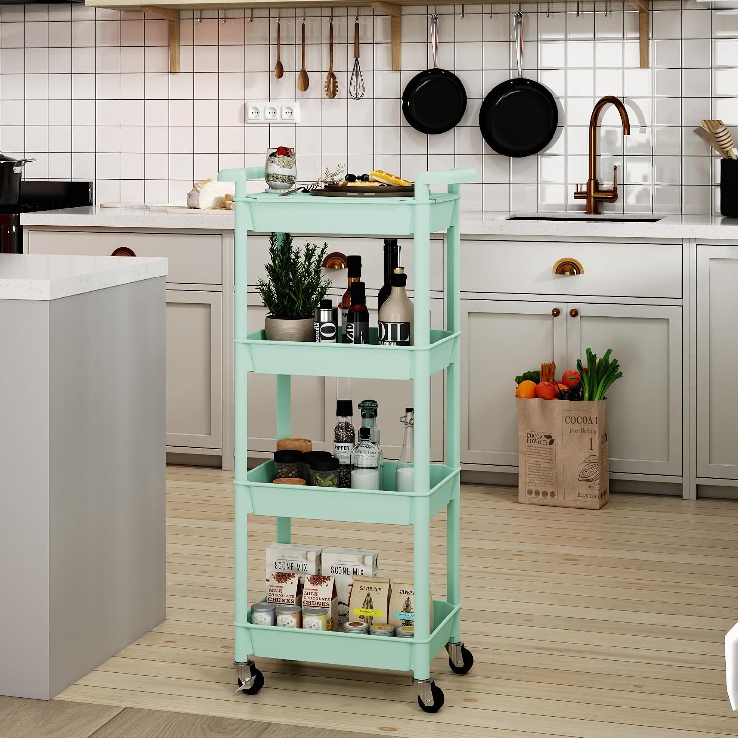 STEEHOOM Utility cart with Tabletop 4 Tier Rolling Cart Organizer with Wheels Movable Storage Cart for Office, Living Room, Kitchen, Craft Room, Green