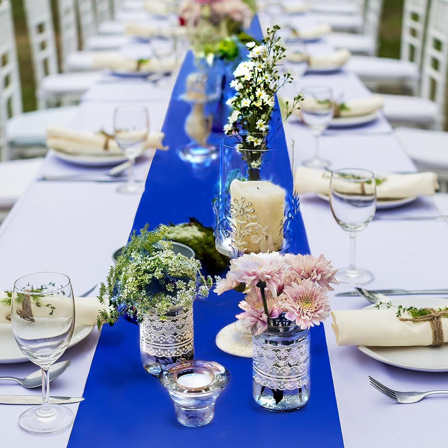 Ruisita 6 Pack Wedding Satin Table Runner 12 x 108 Inch Royal Blue Long Bright Silk Wedding Dinner Party Table Runner for Wedding Banquet Birthday Party Decoration