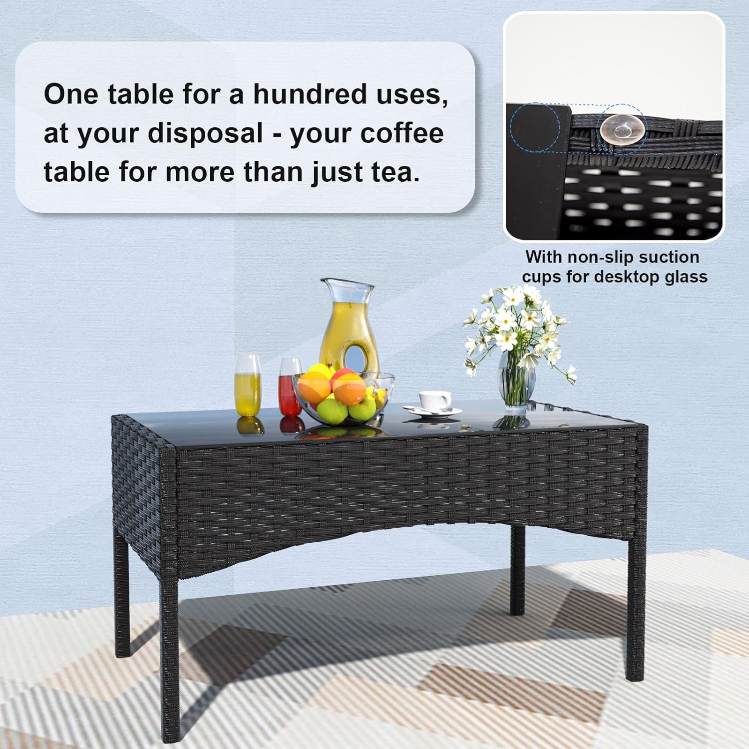 Gotland 4-Piece Outdoor Patio Furniture Set, Wicker Rattan Chairs & Sofa with Cushions and Glass Coffee Table, Conversation Set for Backyard, Lawn, Porch, Pool, Garden (Navy-2)