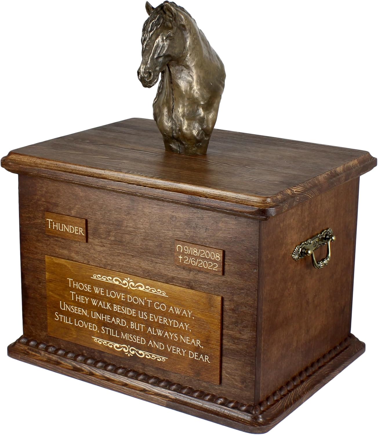 Art-Dog Big Urn for Horse Ashes - Handmade Memorial with Photo - Personalized Custom Horse Urn with Brass Handles and Ceramic Plaque - 15.7x11.8x11” – Friesian Horse I