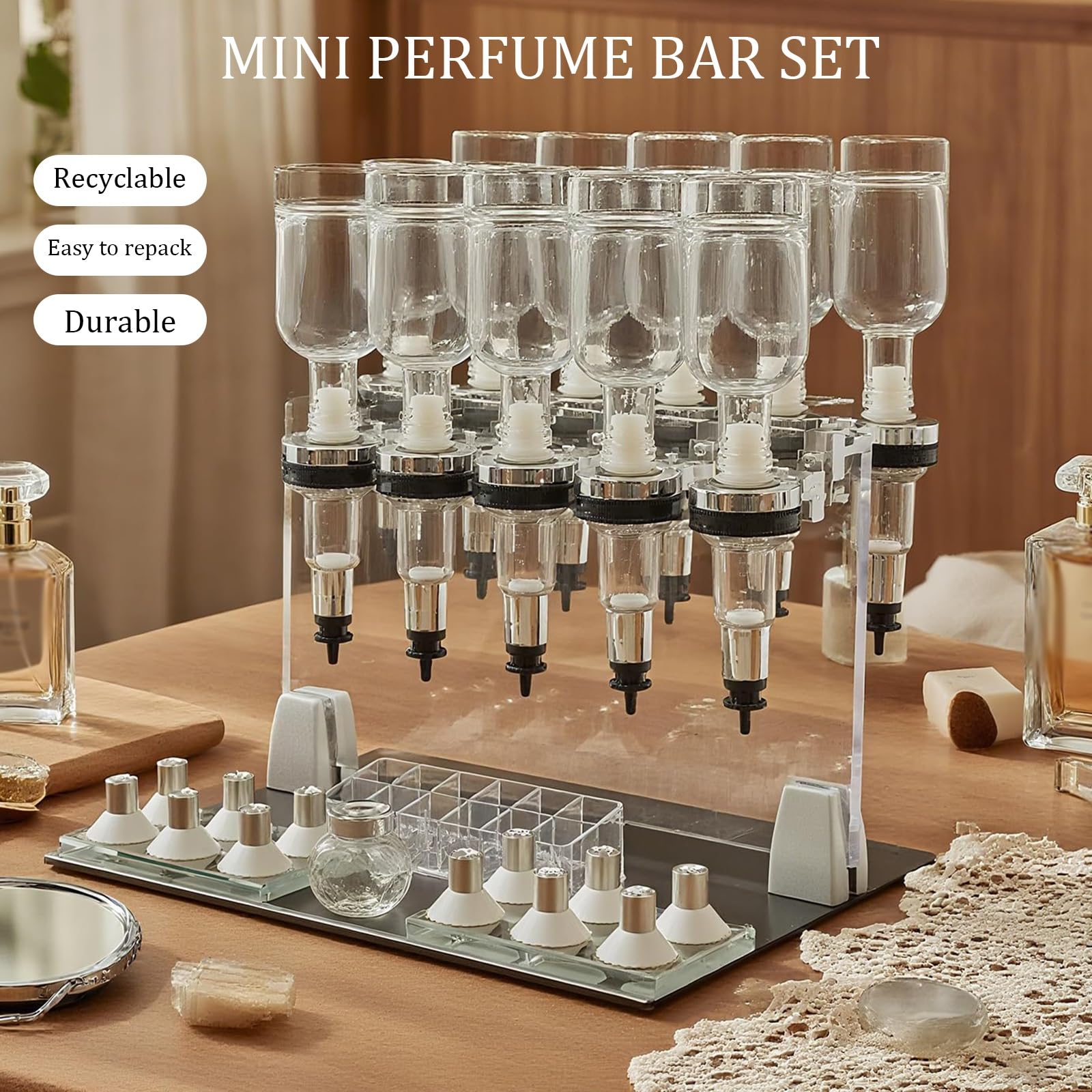 Biurkowy dozownik perfum, 12-butelkowy, ręczny dozownik perfum z 12 pompkami, 12 kubeczkami do testowania zapachu, 200 ml/butelka, zestaw narzędzi do transferu płynów do sklepu