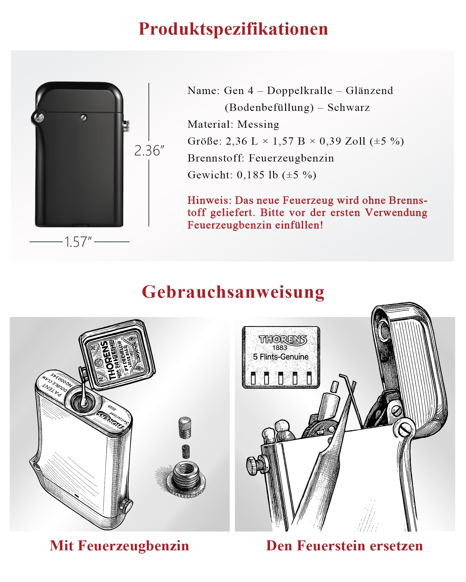 THORENS Double Claw Benzinfeuerzeug, Messing, Schwarz, nachfüllbar | Luxus, Vintage, Autozündung, Fluid-Lighter, Softflamme, Sicherheitssperre, Sammlerstück, Geschenk für Vater, Freund, Ehemann