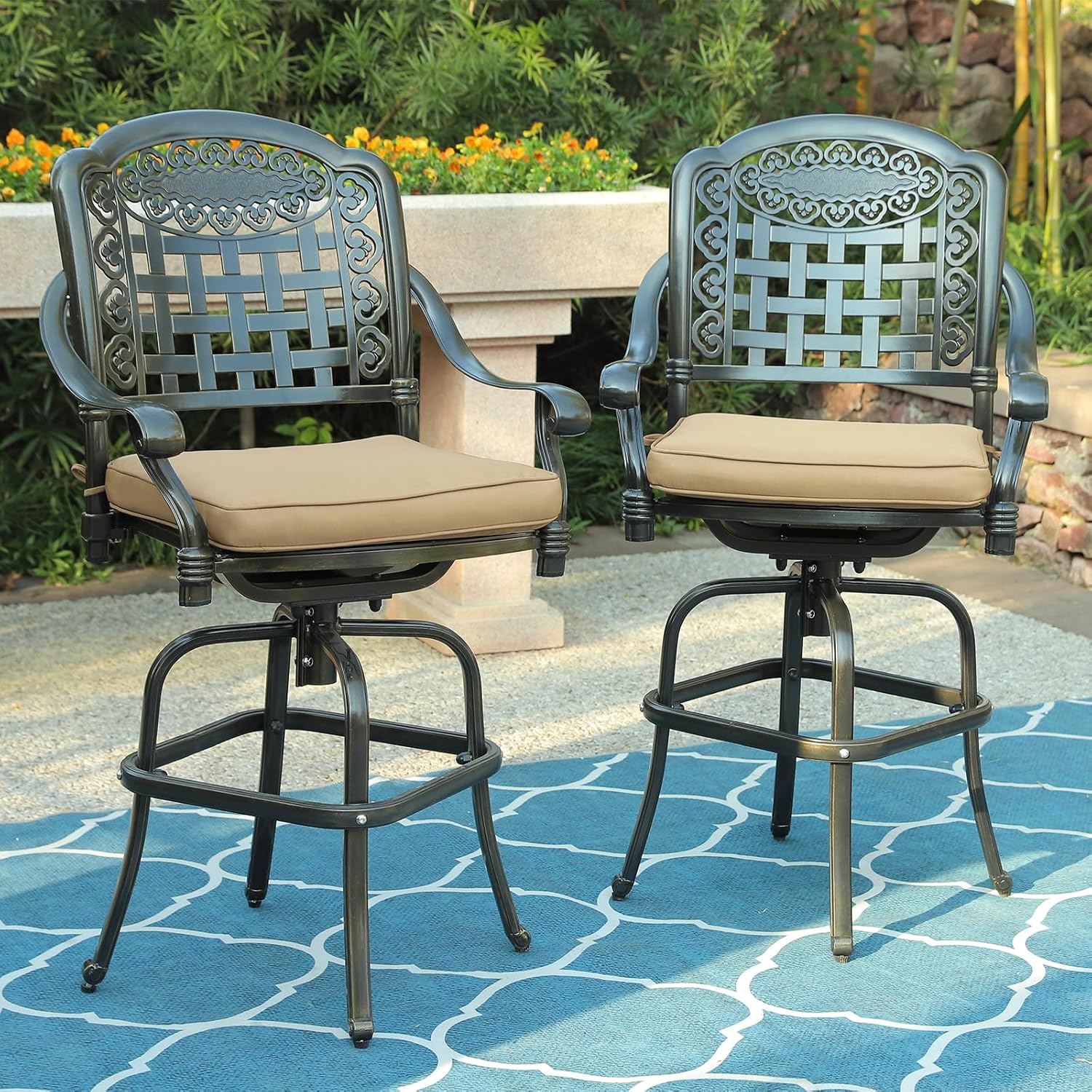 Outdoor Patio Swivel Bar Stools Set of 2, All-Weather Bar Height Patio Chairs, Outdoor High Bistro Stools with Cushion/High Back/Armrest/Footrest for Outside, Lawn & Garden, Dark Bronze