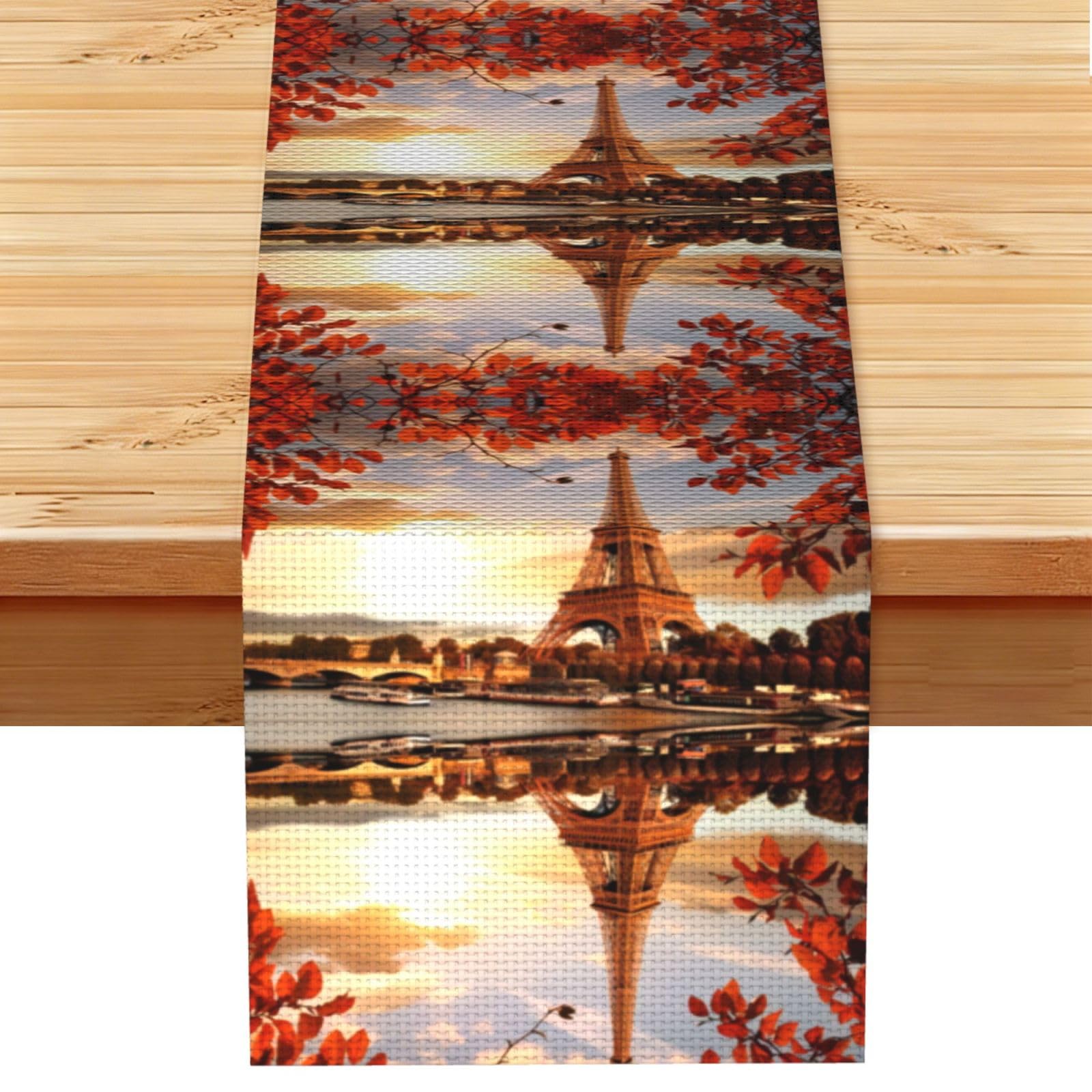 Eiffel Tower and Red Leaves Linen Feel Table Runner Wedding Party Home Decoration