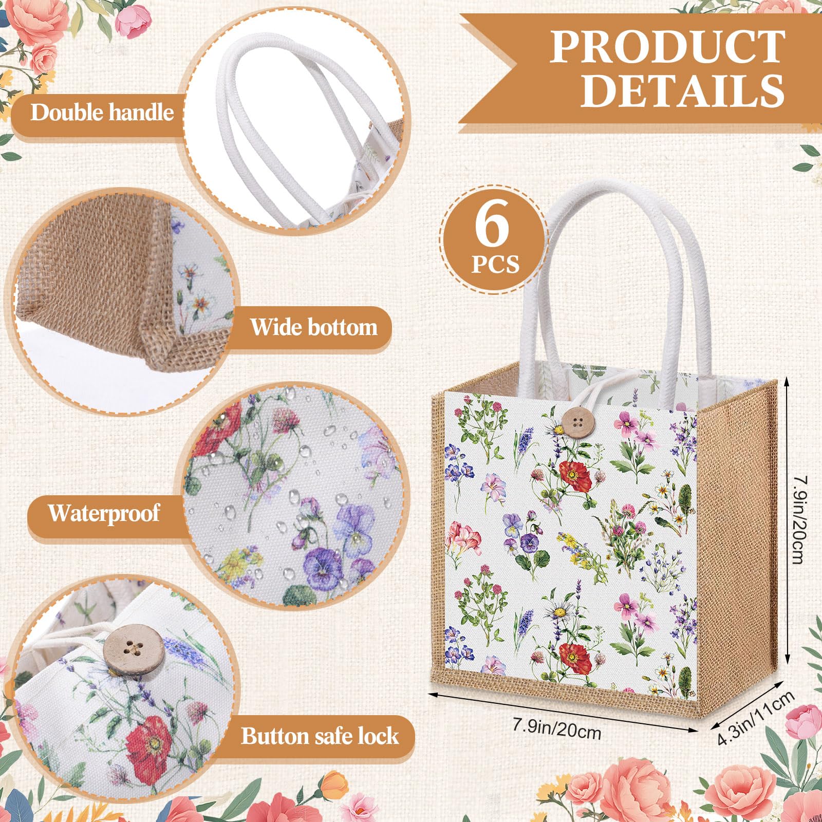 Gilprop 6 Pack Spring Wildflowers Burlap Gift Bags with Handle Button Reusable Jute Tote Bags Flowers Double Sided Tote for Party Wedding Bridesmaid Travel Home Decor 7.9 x 7.9 Inch(Classic)