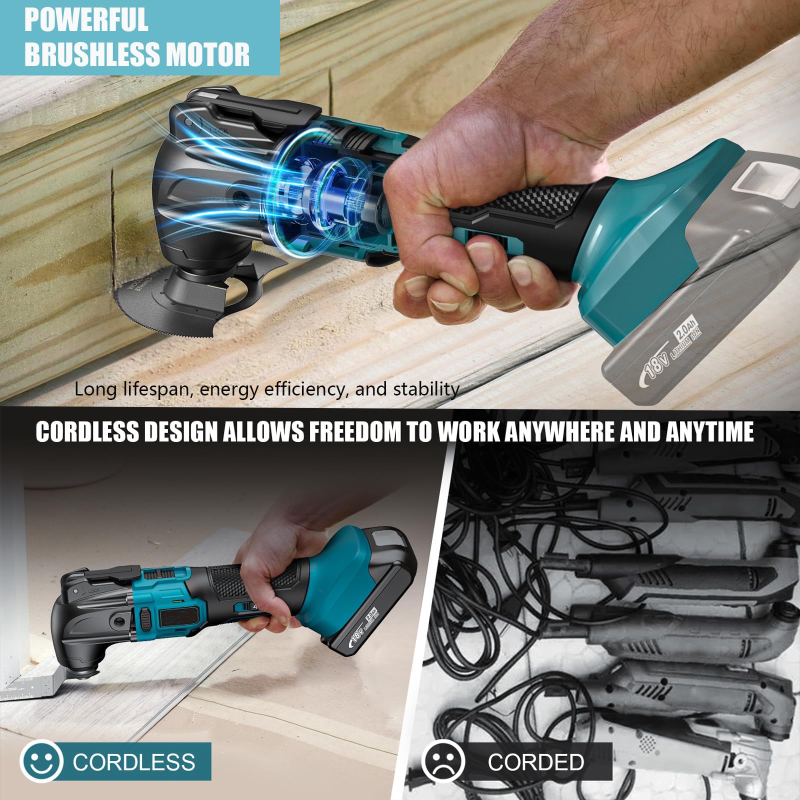 Utensile Multifunzione Oscillante 500W, Strumento Oscillante Kit, 8000-20000RPM, 6 Velocità Regolabili, 4° Angolo di Oscillazione, 23 Accessori per Raschiatura Taglio Lucidatura (Senza Batteria)