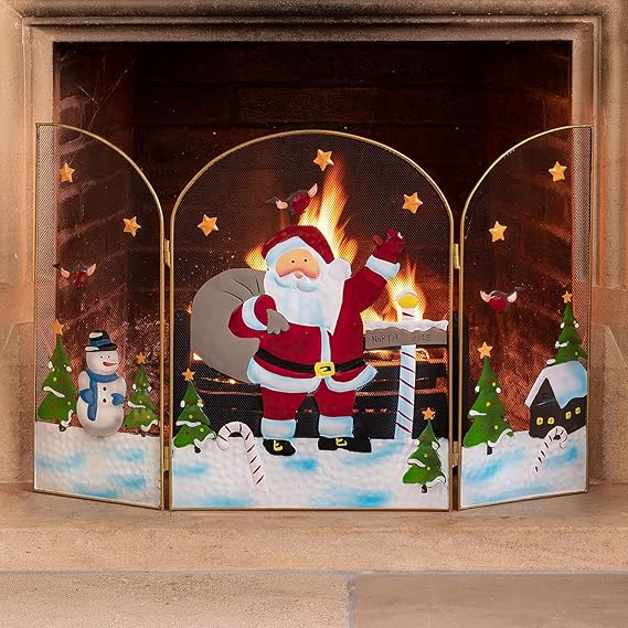 CHRISTOW Christmas Fireguard Fireplace Screen, Arched Metal Mesh Fire Screen H49cm (Santa Claus